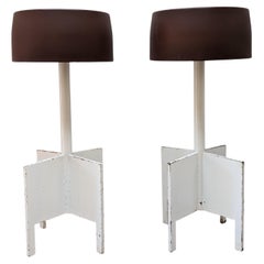 Retro Pair of Mid-Century 'Hermes' Bar Stools with a Brown Seat and White Metal Legs