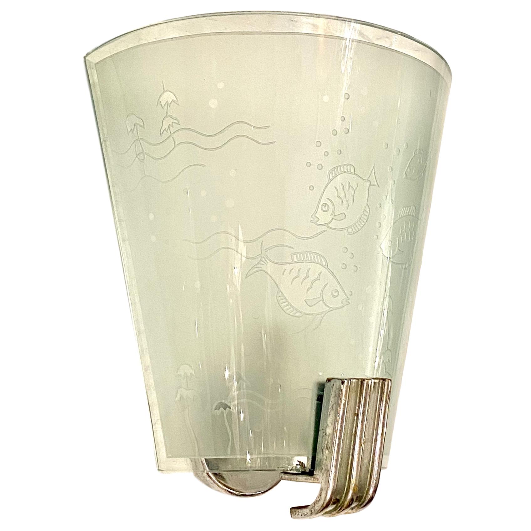 Etched Pair of Midcentury Italian Glass Sconces For Sale
