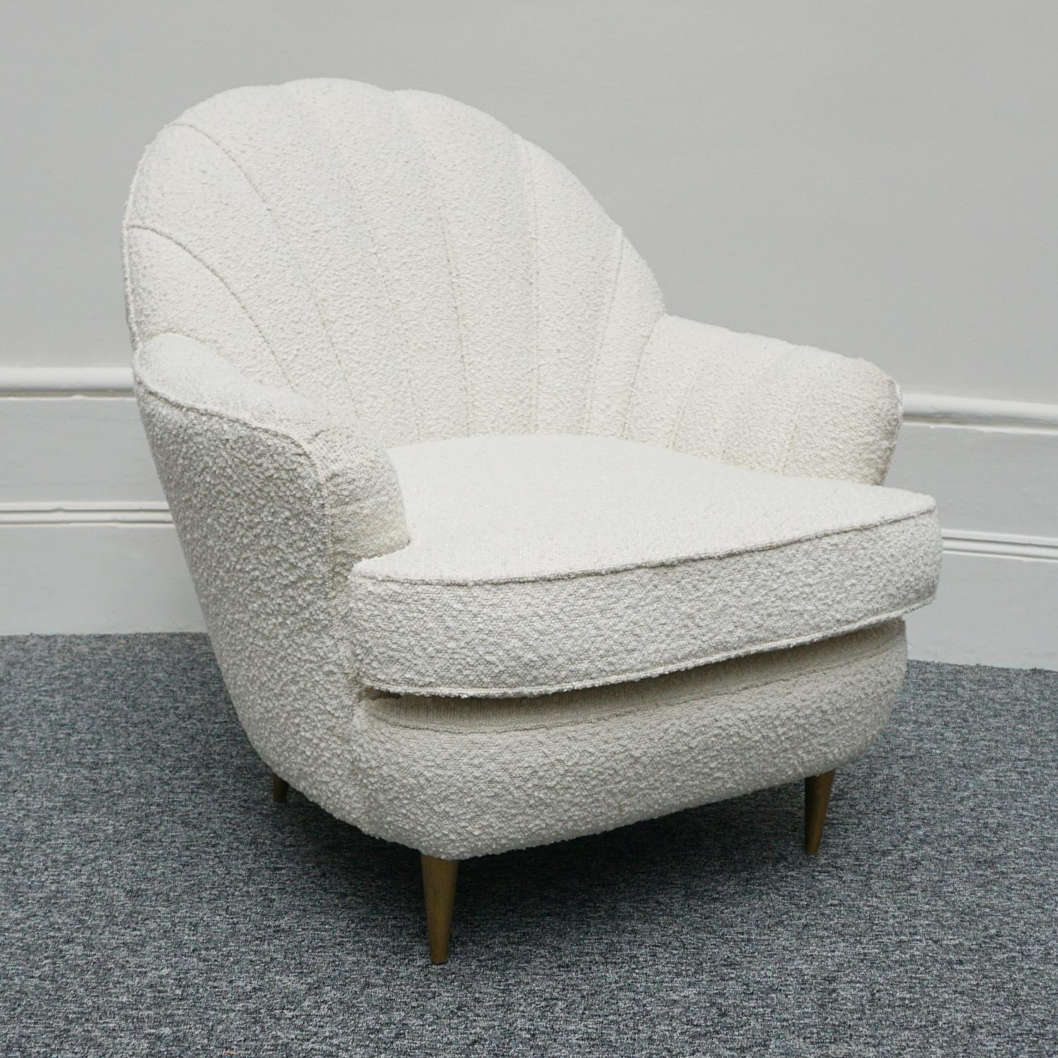 Pair of Mid-Century Italian Lounge Chairs Re-Upholstered in White Boucle 7