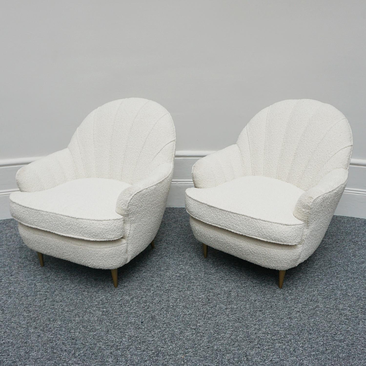 20th Century Pair of Mid-Century Italian Lounge Chairs Re-Upholstered in White Boucle