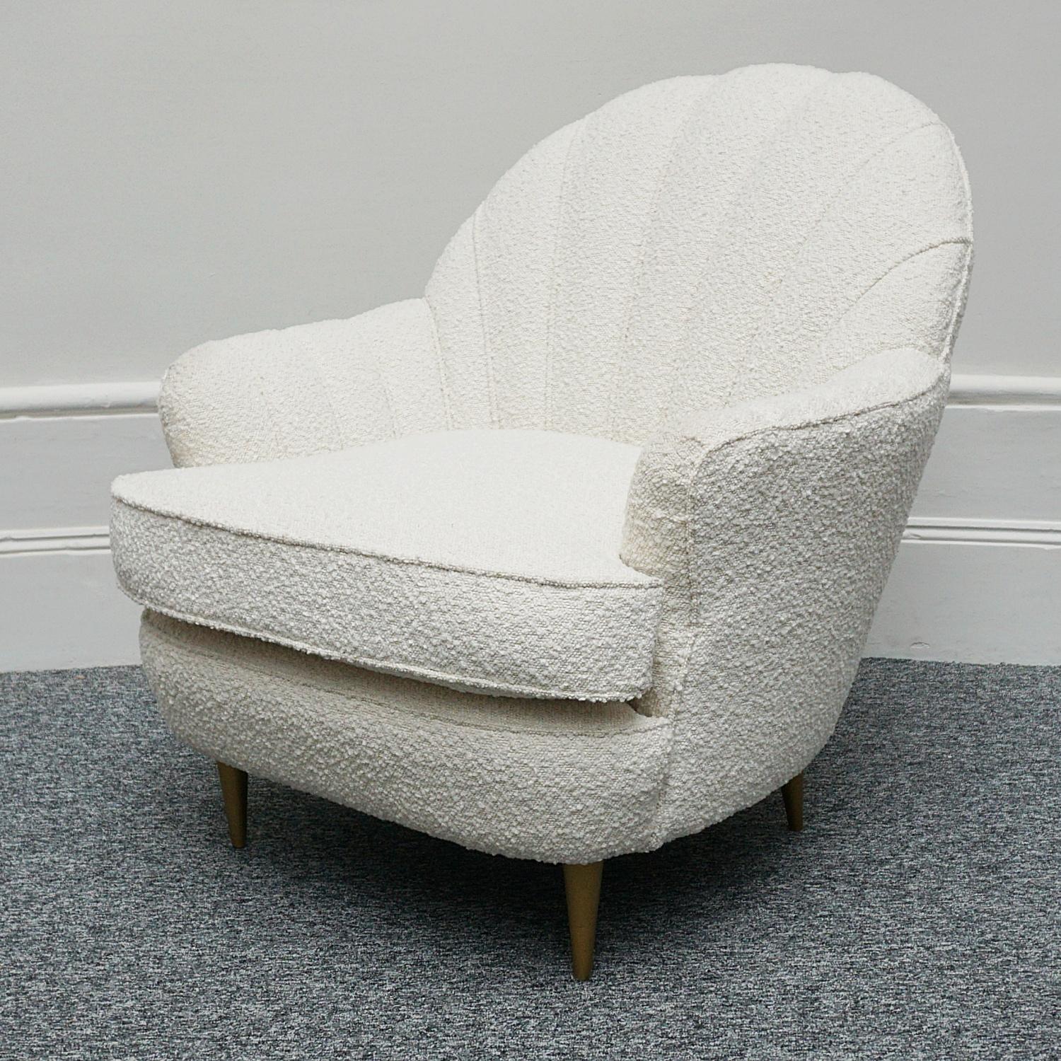 Bouclé Pair of Mid-Century Italian Lounge Chairs Re-Upholstered in White Boucle