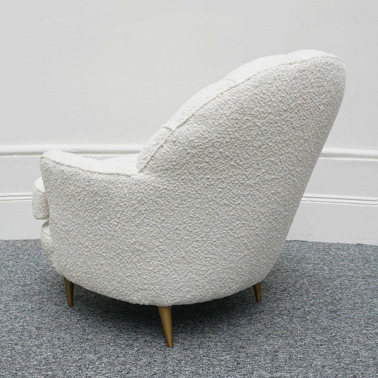 Pair of Mid-Century Italian Lounge Chairs Re-Upholstered in White Boucle 3