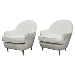 Pair of Mid-Century Italian Lounge Chairs Re-Upholstered in White Boucle
