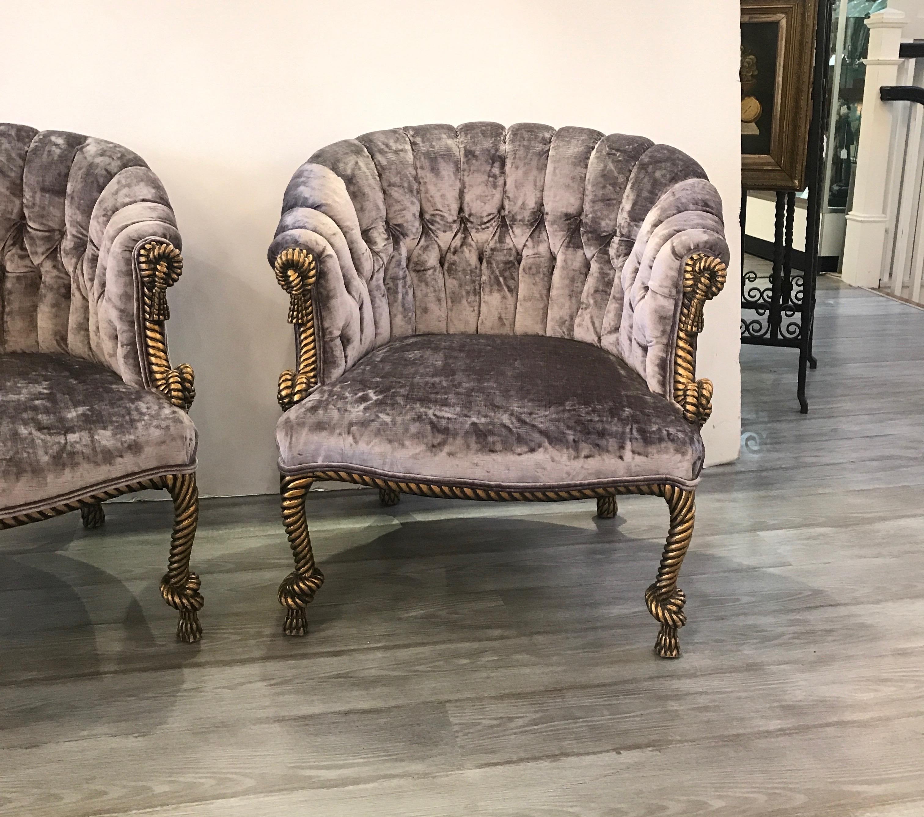 This pair of Classic Hollywood Glam carved giltwood rope and tassel tub arm chairs, Italy, 1960s. High decorator style with new lavender velvet fabric.