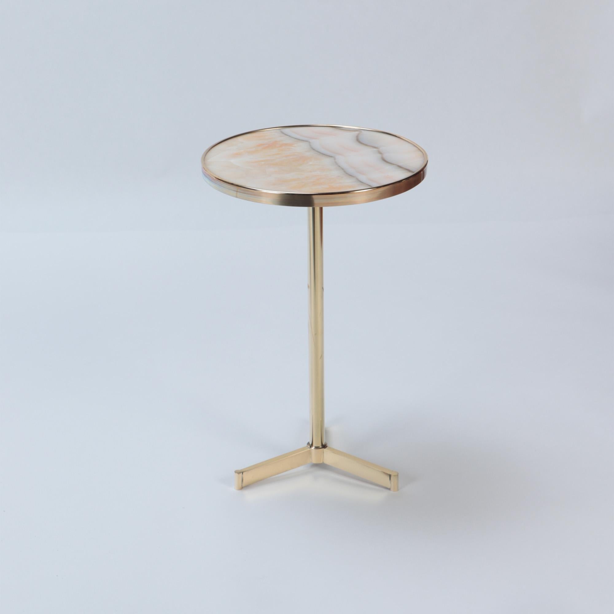 Brass A pair of Mid-Century Italian round brass onyx top side tables, circa 1980.