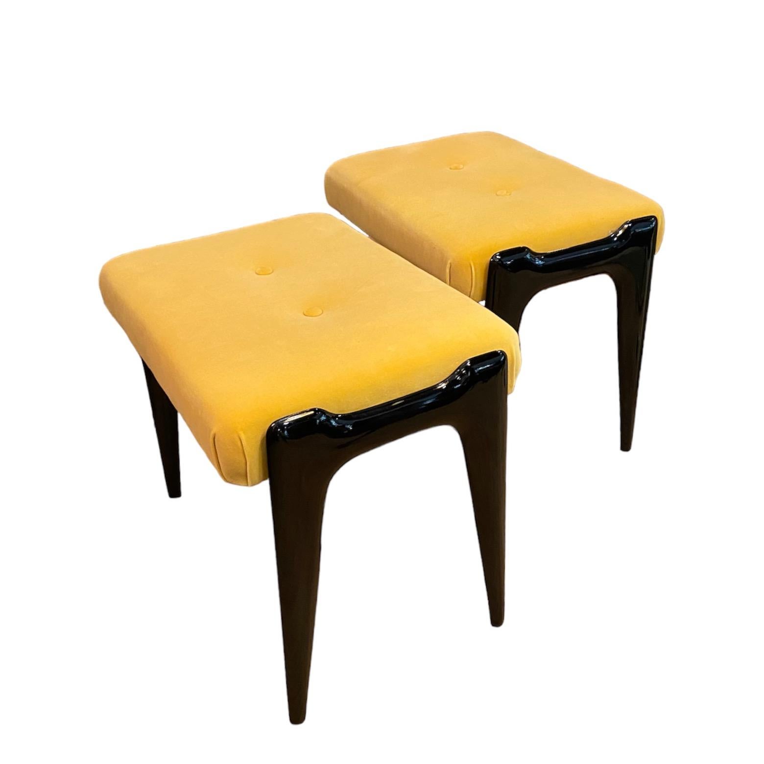 20th Century A pair of mid-century Italian stools, yellow velour and ebonized wooden legs