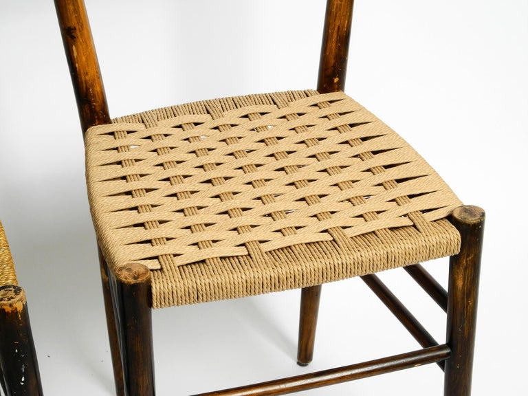 Pair of MidCentury Italian Wooden Dining Chairs with Wicker Cord Seats For Sale at 1stDibs