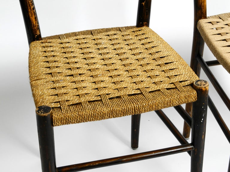 Pair of MidCentury Italian Wooden Dining Chairs with Wicker Cord Seats For Sale at 1stDibs