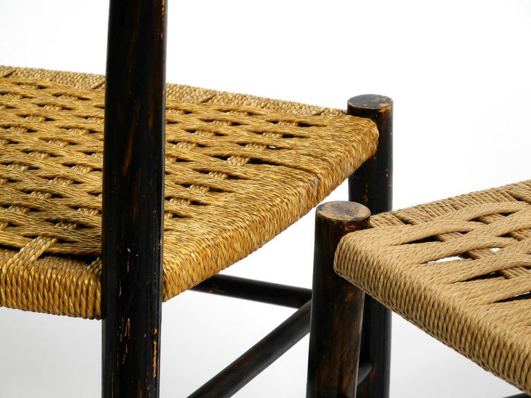 Pair of MidCentury Italian Wooden Dining Chairs with Wicker Cord Seats For Sale at 1stDibs