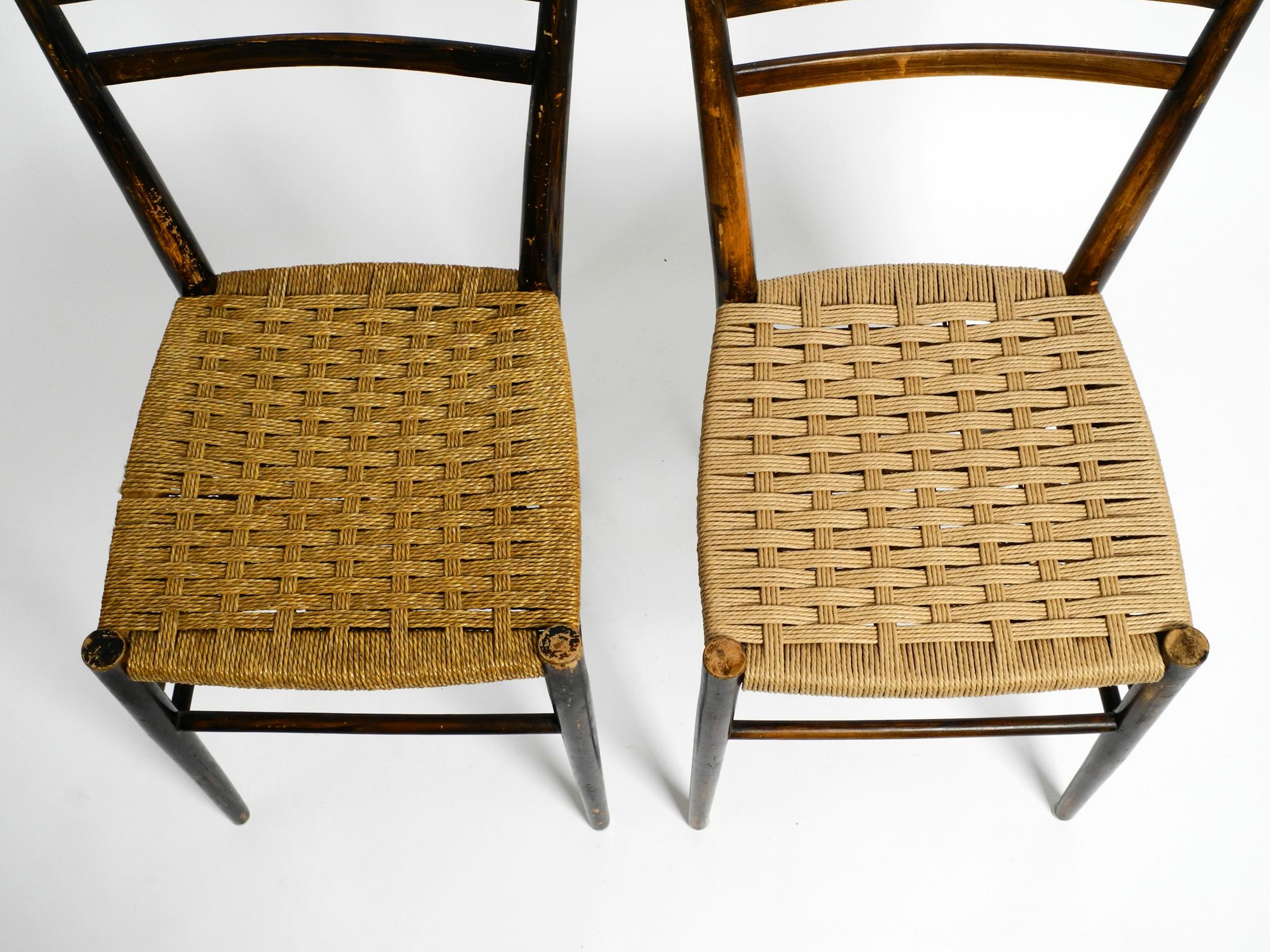 Pair of Mid-Century Italian Wooden Dining Chairs with Wicker Cord Seats For Sale 1