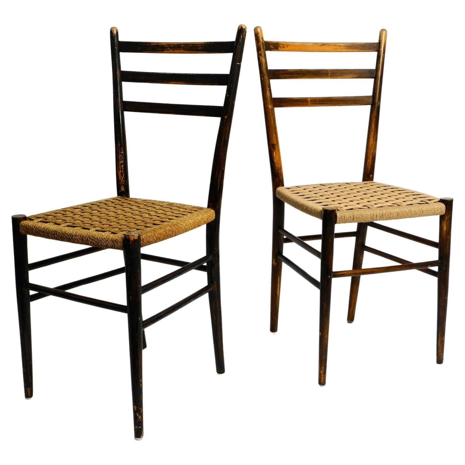 Pair of Mid-Century Italian Wooden Dining Chairs with Wicker Cord Seats For Sale