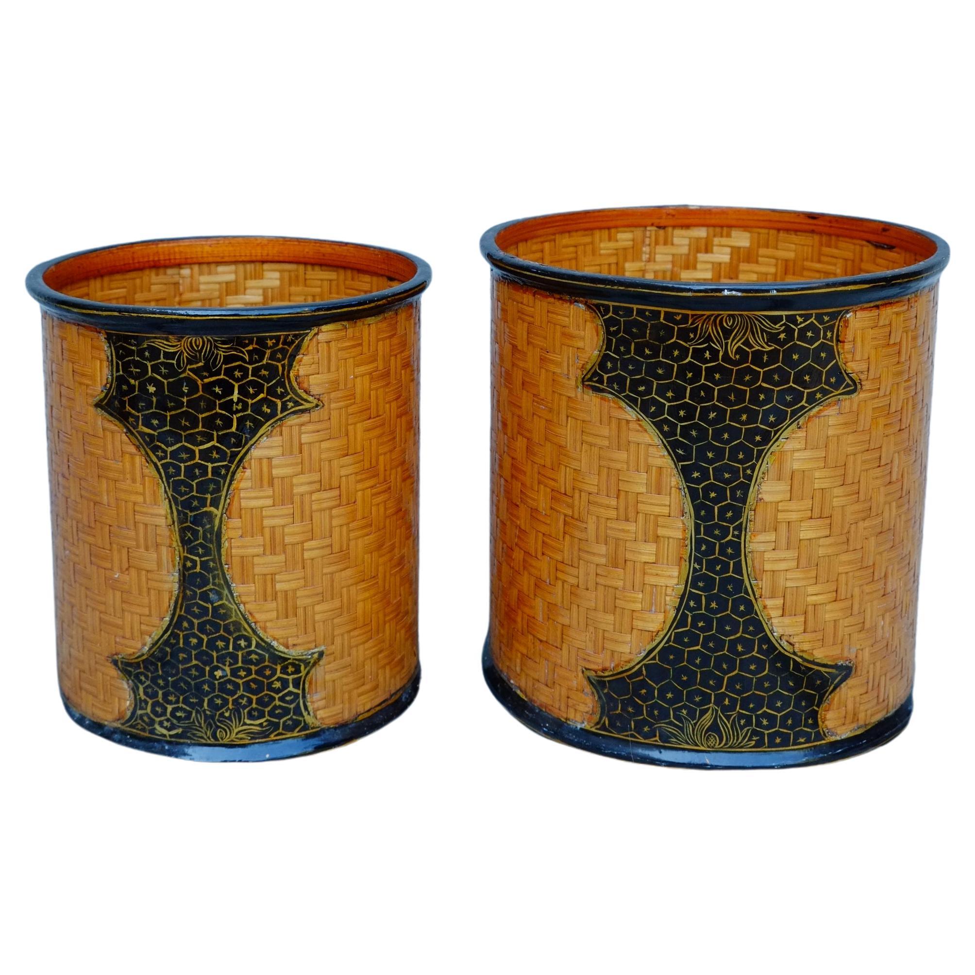 Pair of Midcentury Lacquered Rattan Paper Baskets 