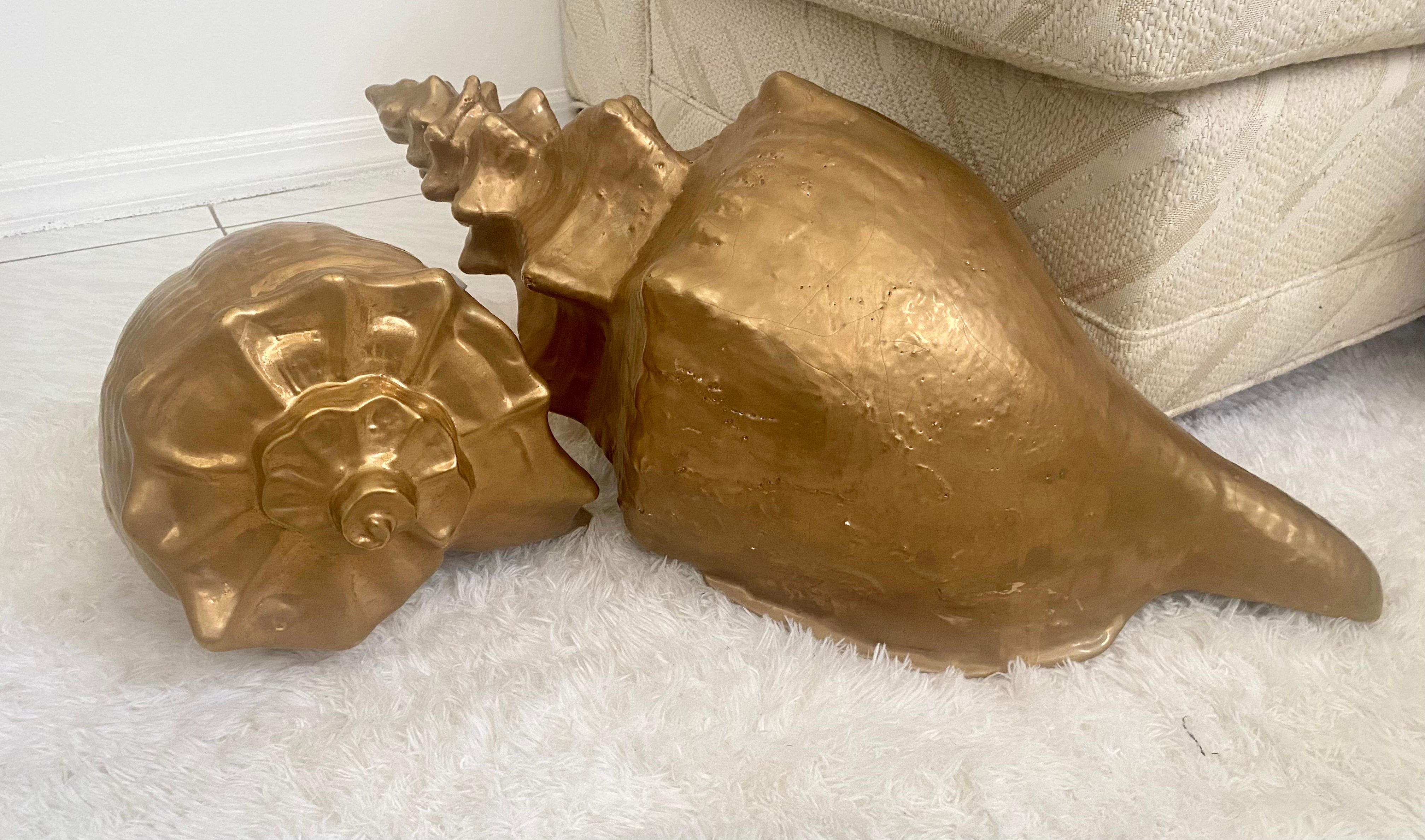 American Pair of Midcentury Large Golden Ceramic Conch Shells For Sale