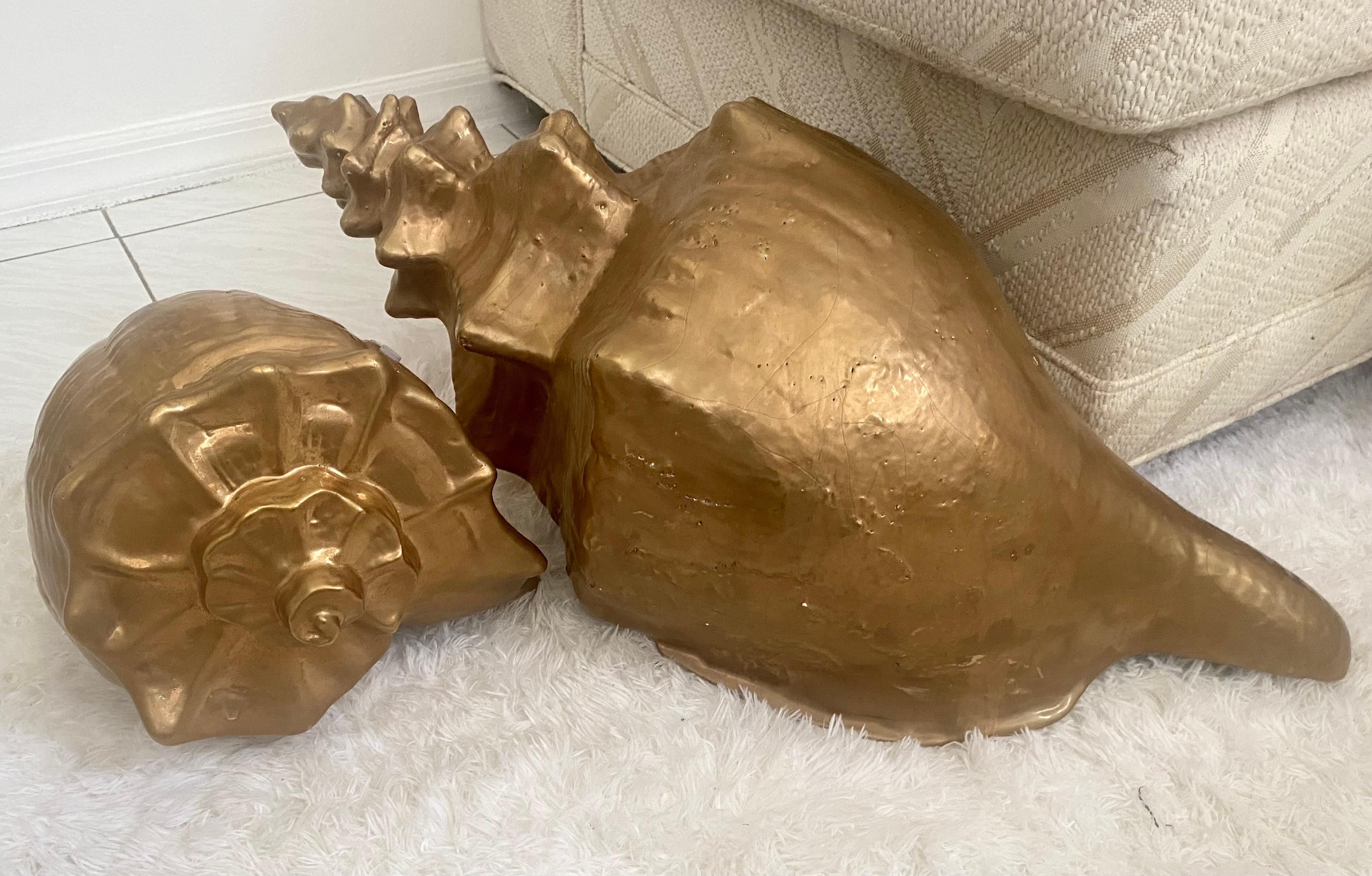 Pair of Midcentury Large Golden Ceramic Conch Shells In Good Condition For Sale In Miami, FL