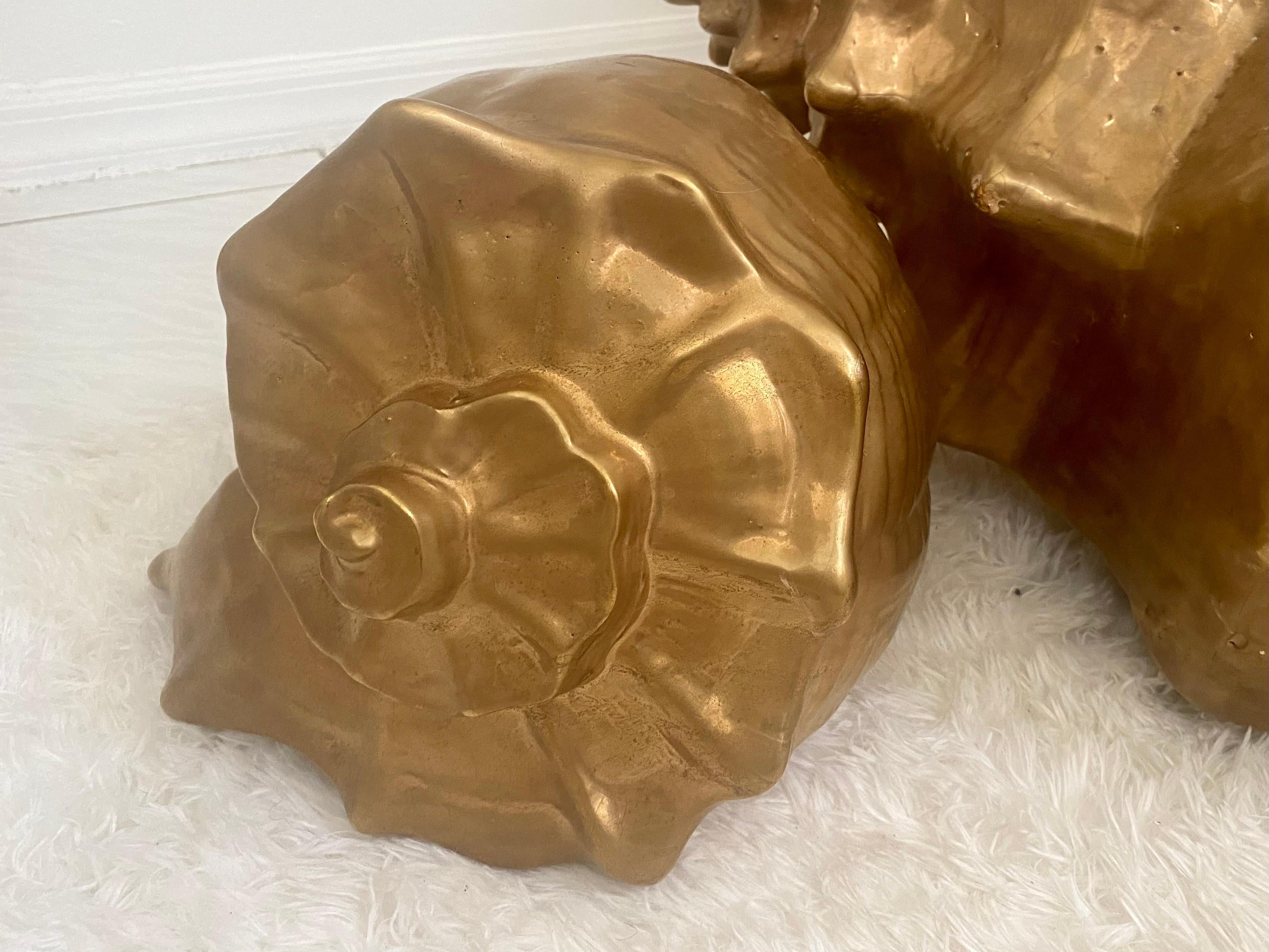 20th Century Pair of Midcentury Large Golden Ceramic Conch Shells For Sale