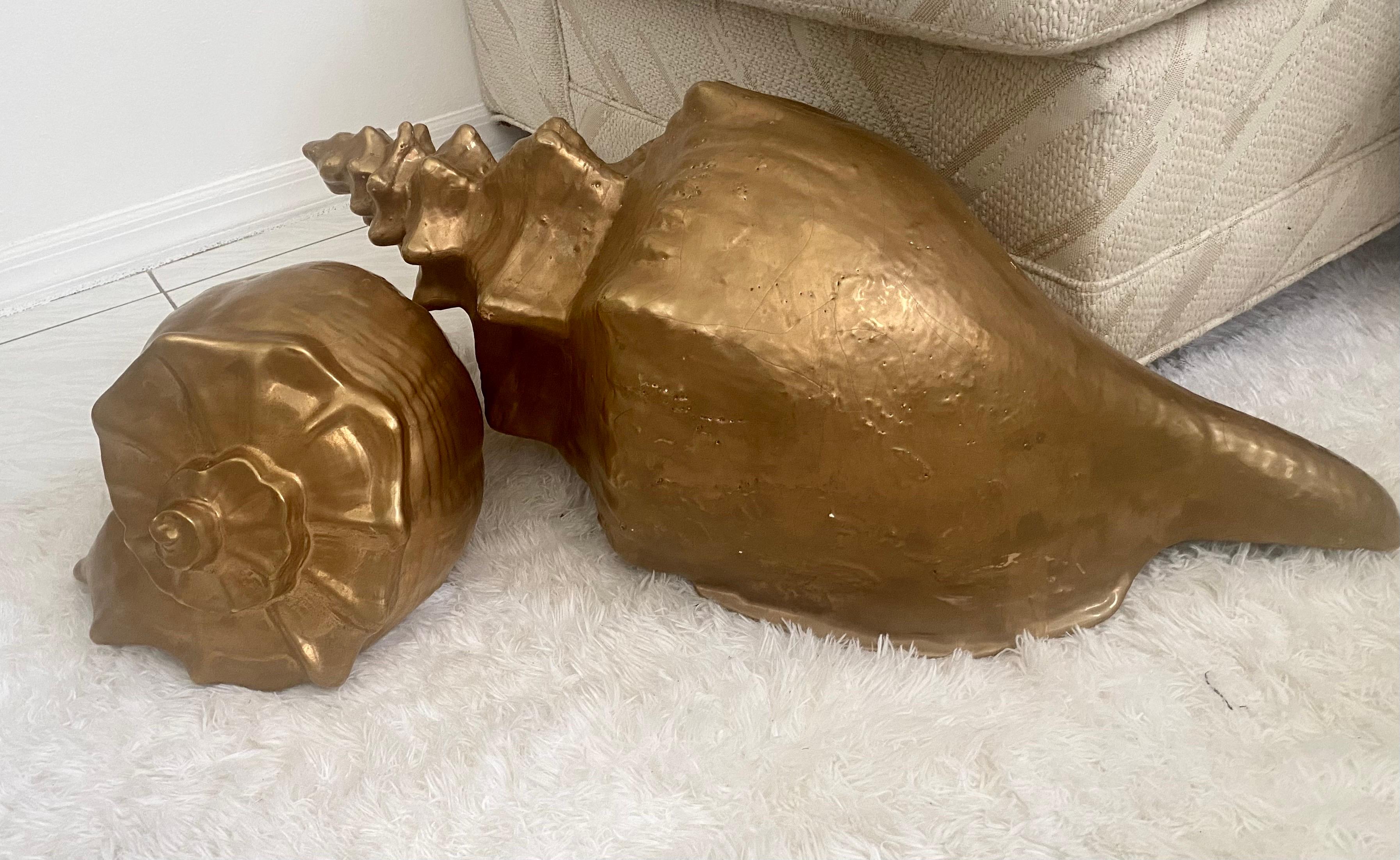 Pair of Midcentury Large Golden Ceramic Conch Shells For Sale 1