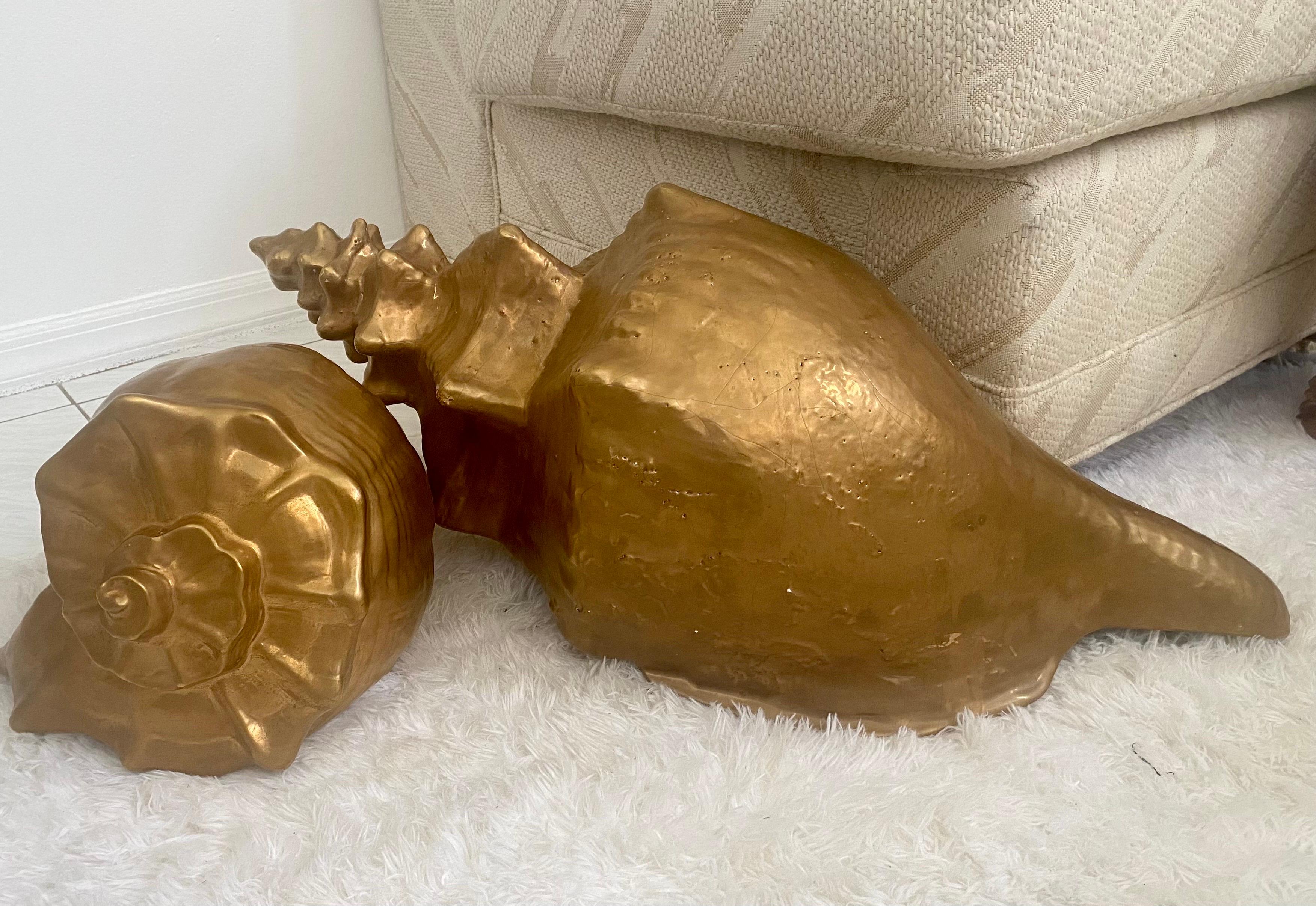 Pair of Midcentury Large Golden Ceramic Conch Shells For Sale 2