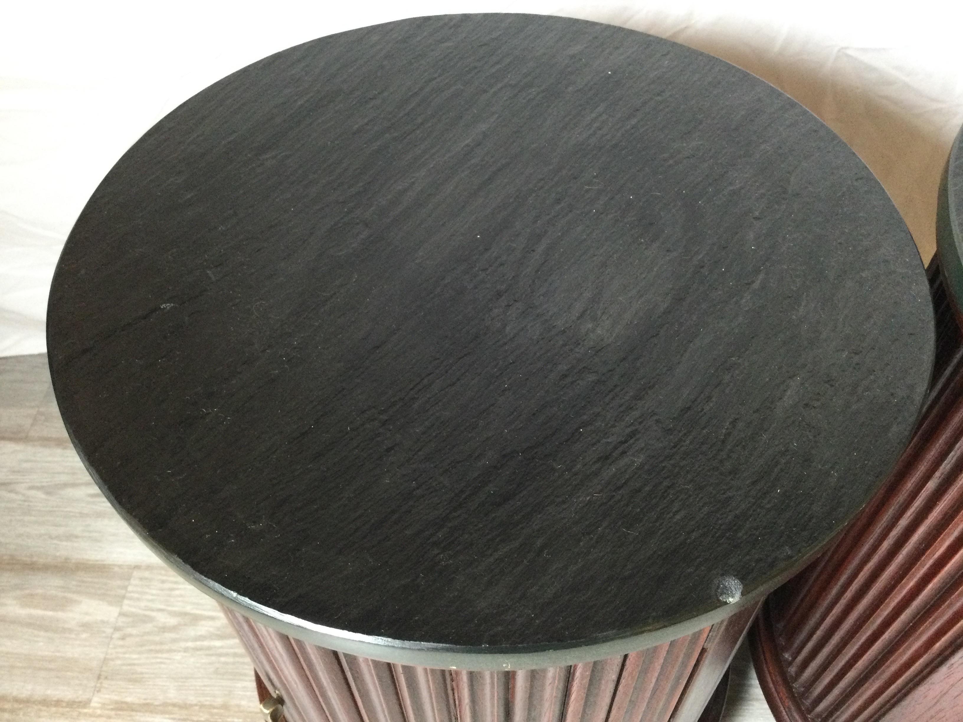 Mid-Century Modern Pair of Mid Century Mahogany and Slate Round Storage Side Tables