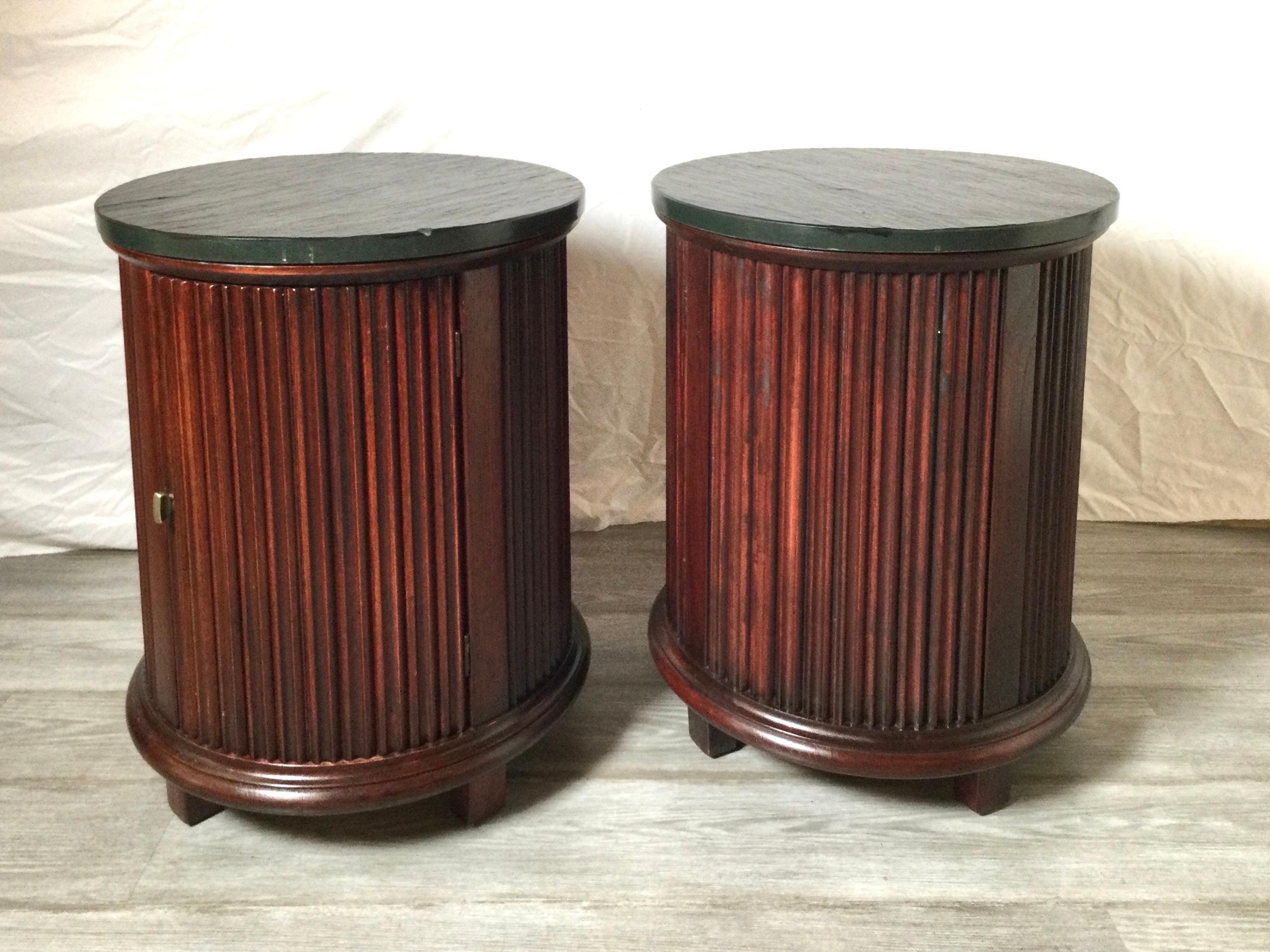 Pair of Mid Century Mahogany and Slate Round Storage Side Tables 1