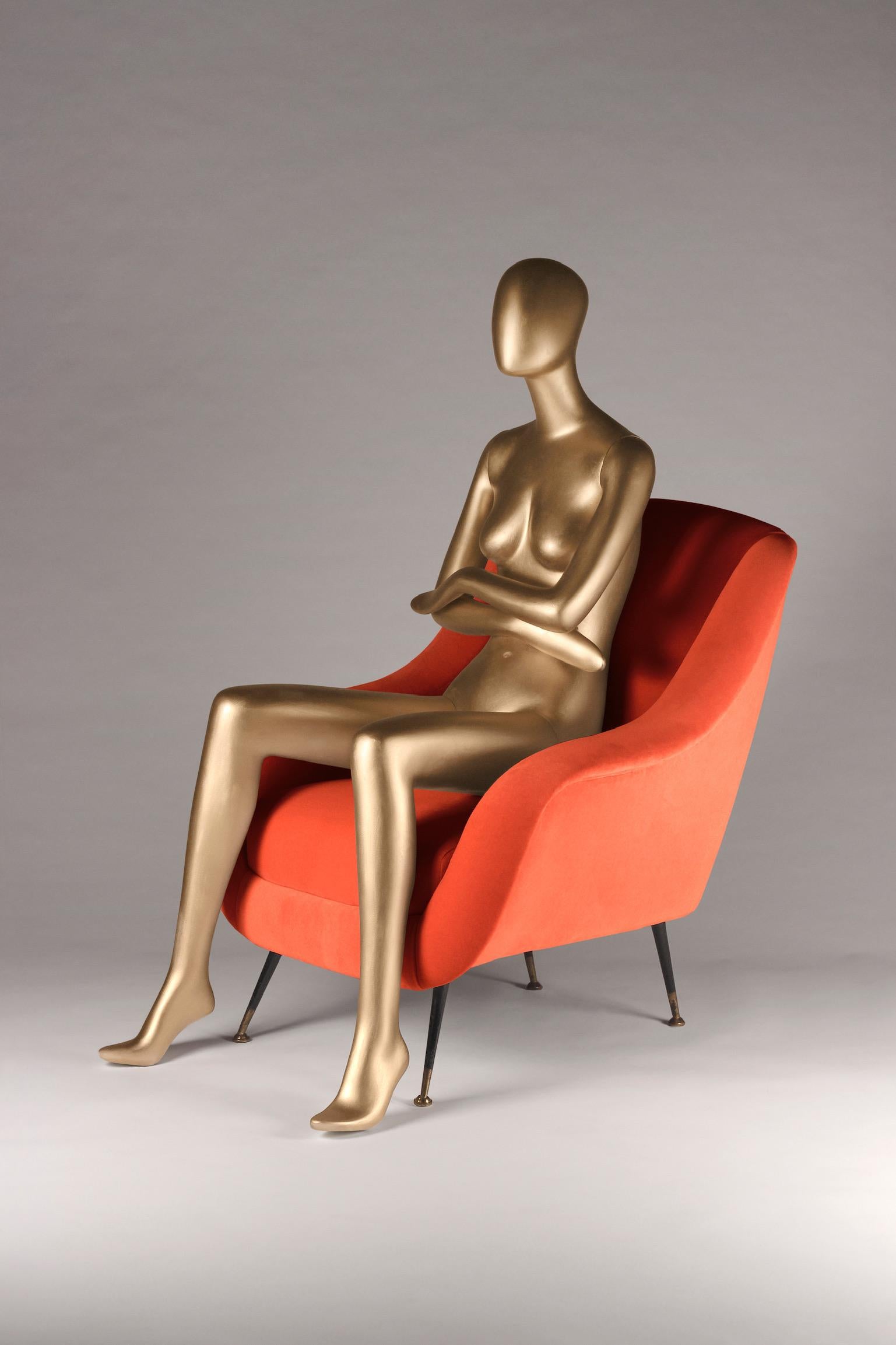 British Pair of Mid-Century Modern 1950s Style Italian Lounge Chair Sophia in Orange For Sale