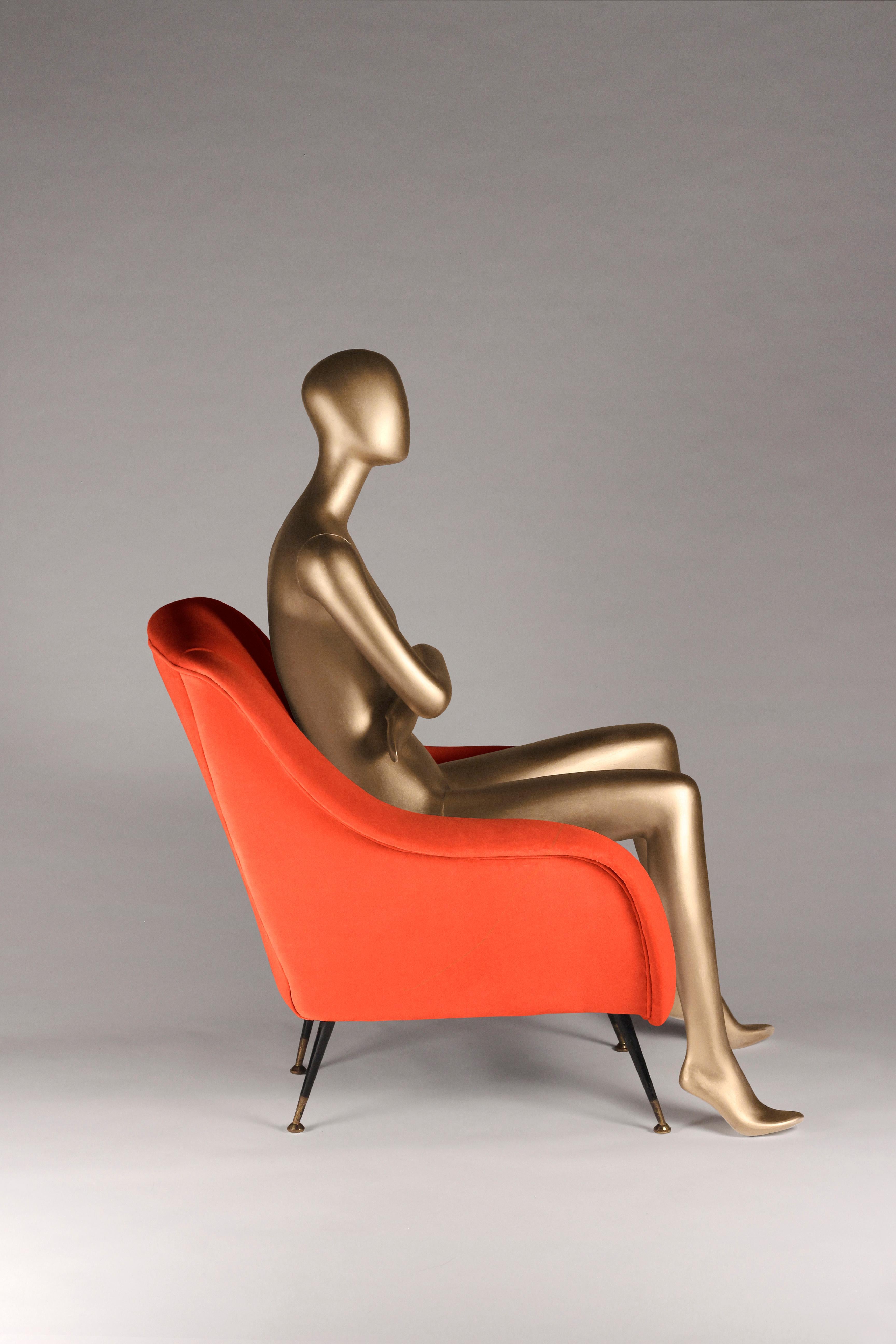 Fabric Pair of Mid-Century Modern 1950s Style Italian Lounge Chair Sophia in Orange For Sale