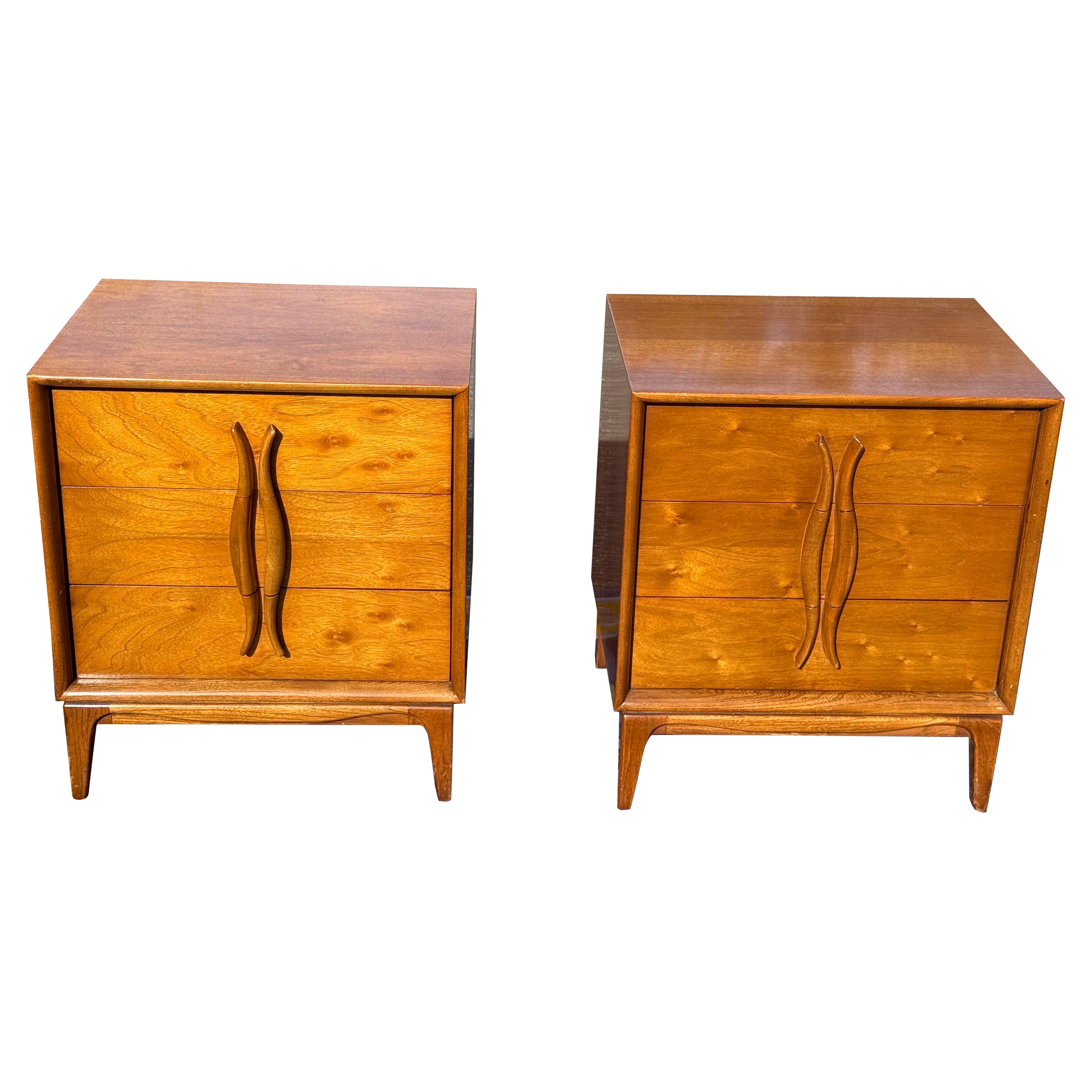 A pair of Mid-Century Modern 3 Drawer Sculptural Nightstands