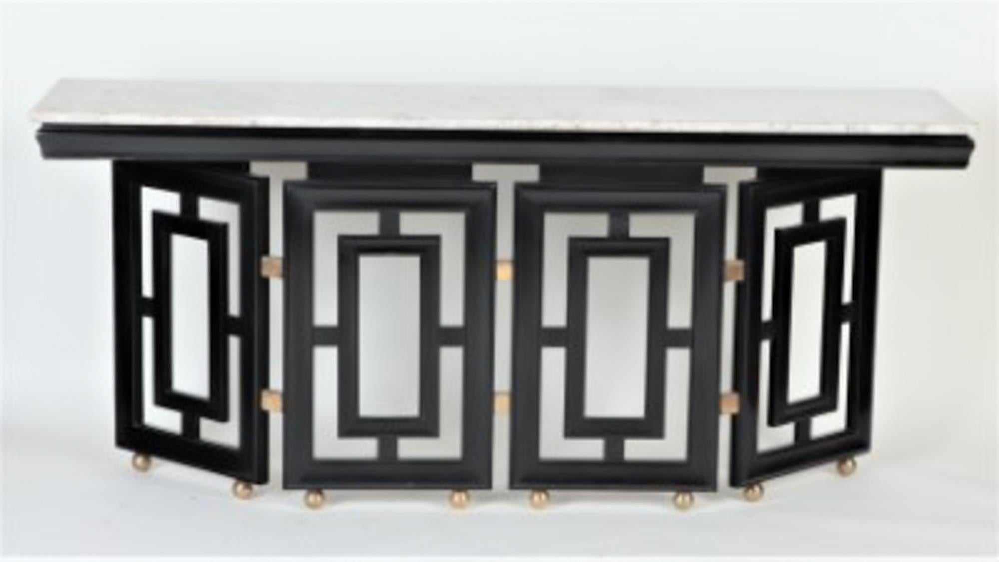Mid-20th Century Pair of Midcentury Modern Ebonized, Marble Top Console Tables, circa 1950 For Sale