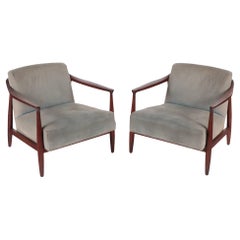 Vintage Pair of Mid-Century Modern Erwin Lambeth Upholstered Mahogany Open Arm Chairs