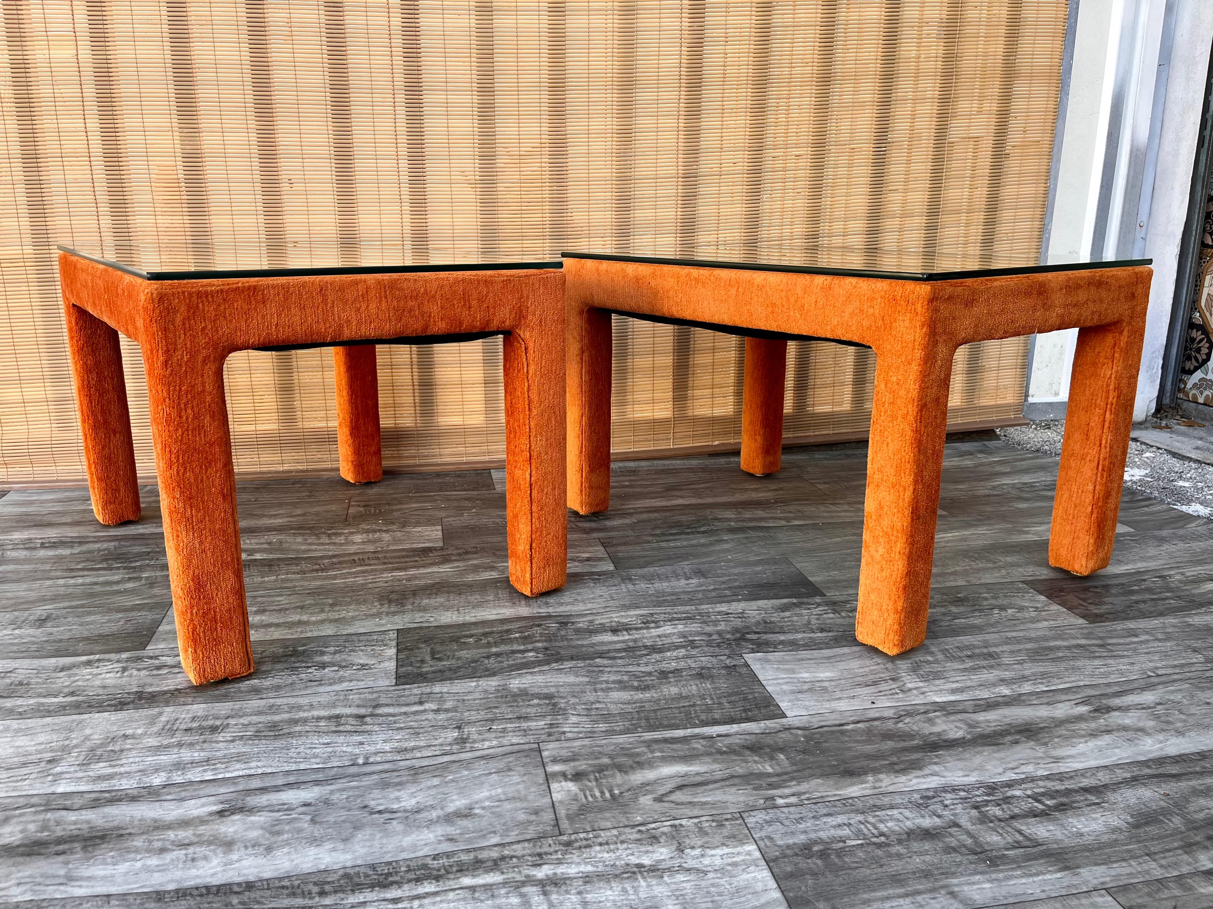 Upholstery Pair of Mid-Century Modern Fully Upholstered Side Tables, circa 1970s For Sale
