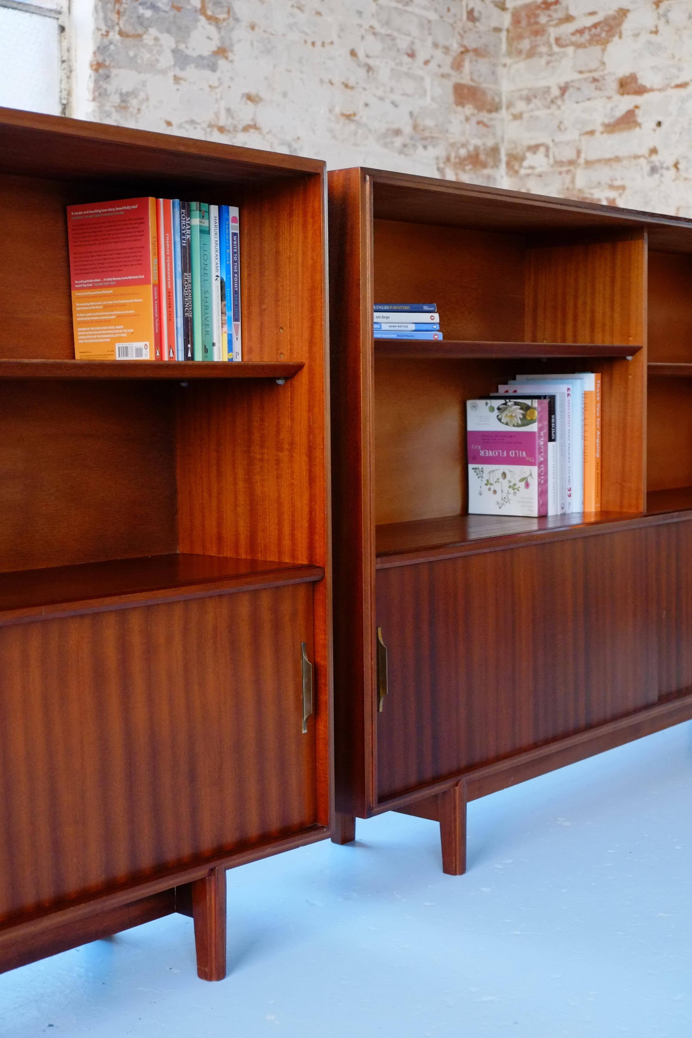 Pair of Mid-Century Modern Sliding Glass Door Bookcase Cabinets Robert Heritage In Good Condition In Leicester, GB