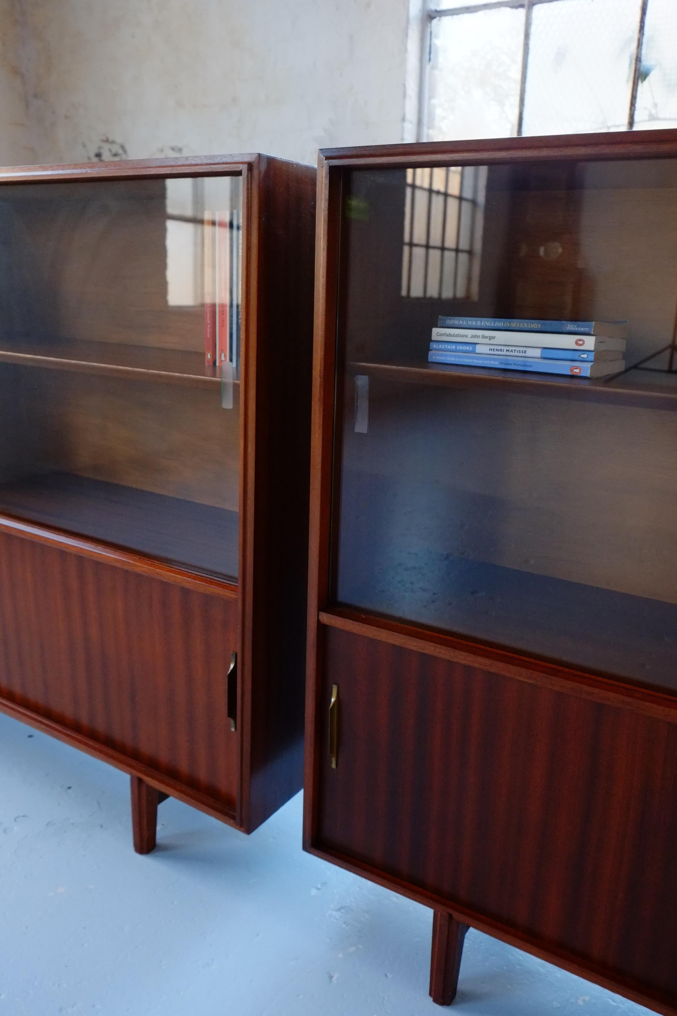 Mid-20th Century Pair of Mid-Century Modern Sliding Glass Door Bookcase Cabinets Robert Heritage