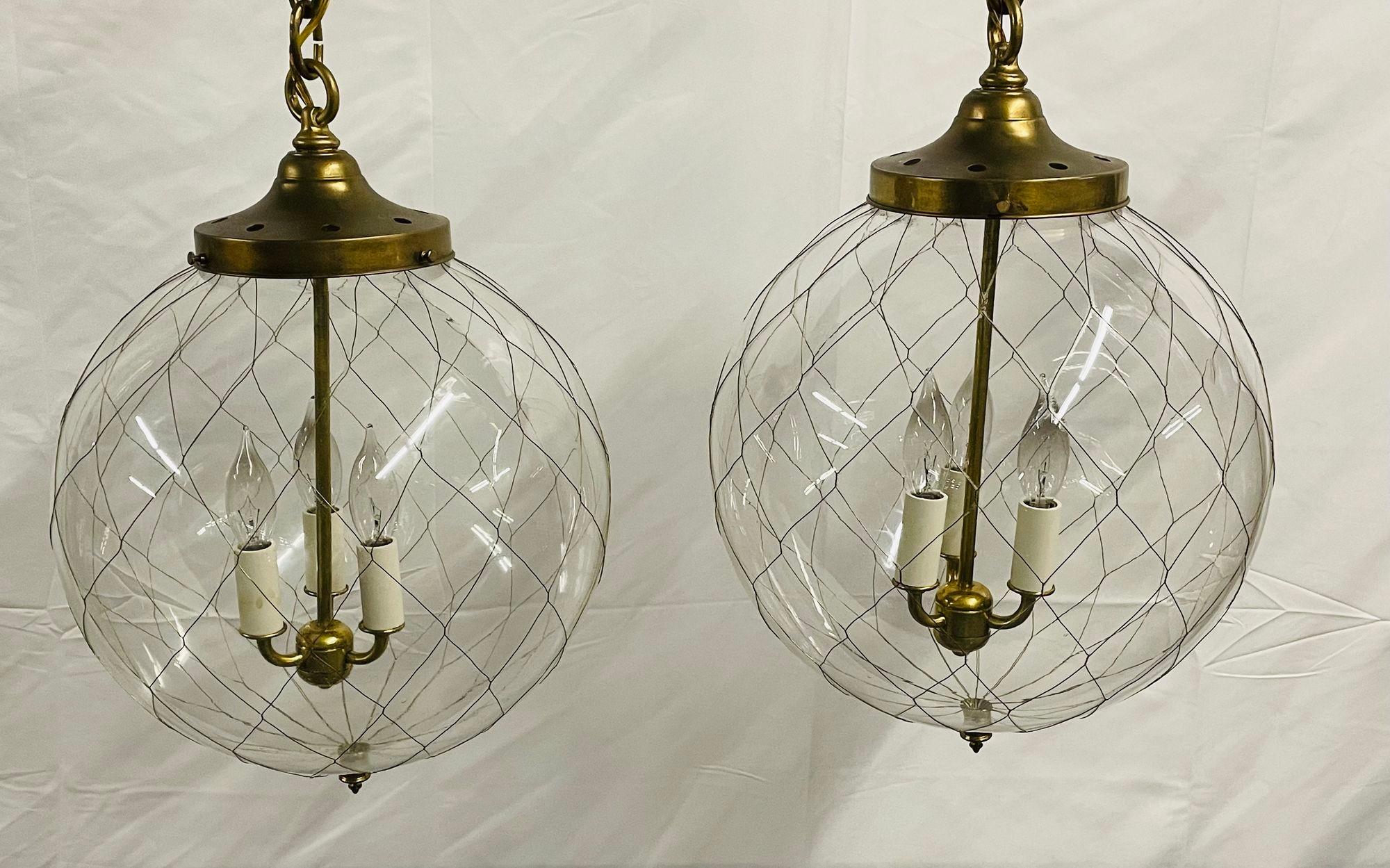 Pair of Mid-Century Modern Globe Pendants, Brass and Hand Blown Glass For Sale 5