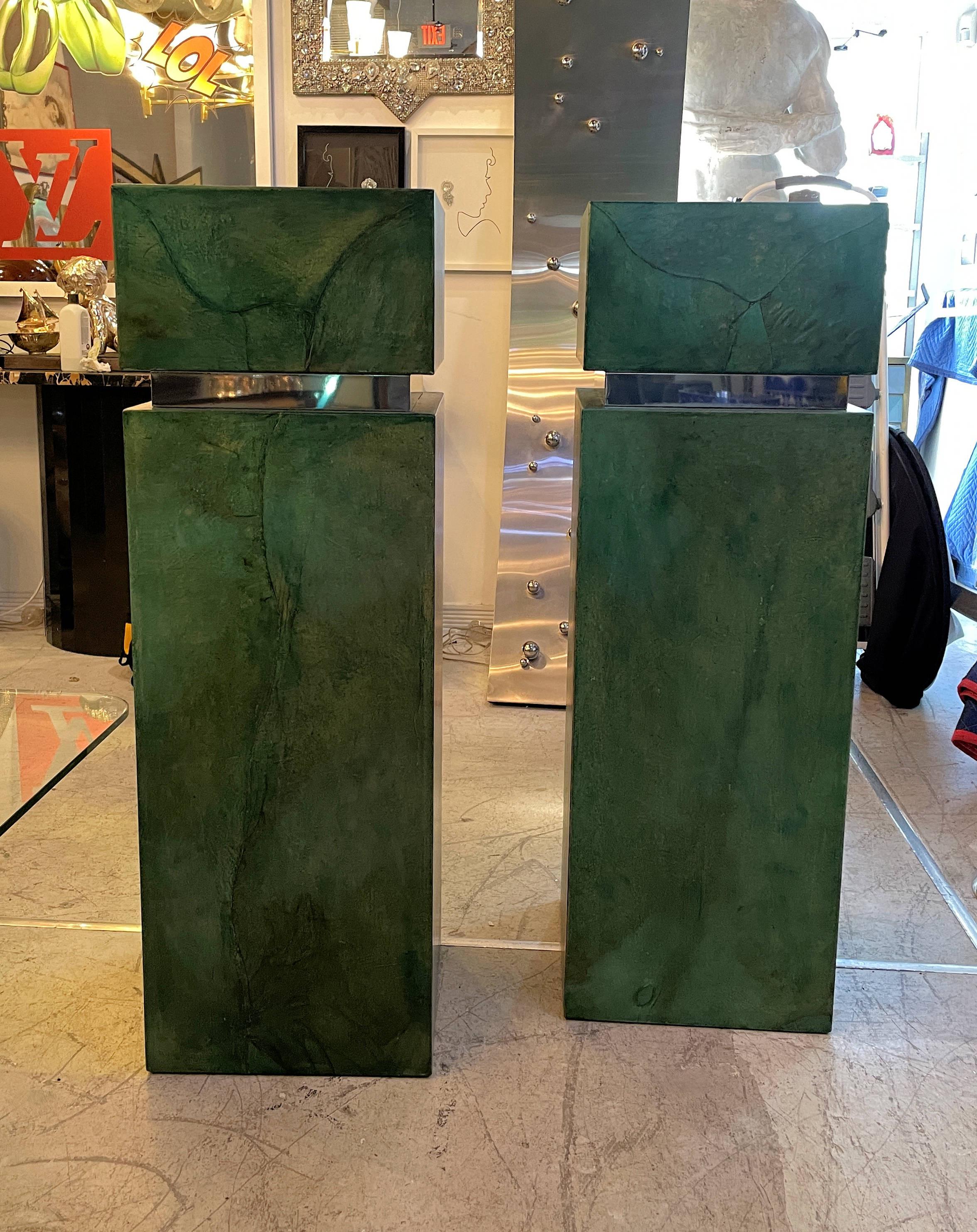 Italian Pair of Mid-Century Modern Green Parchment Pedestals For Sale