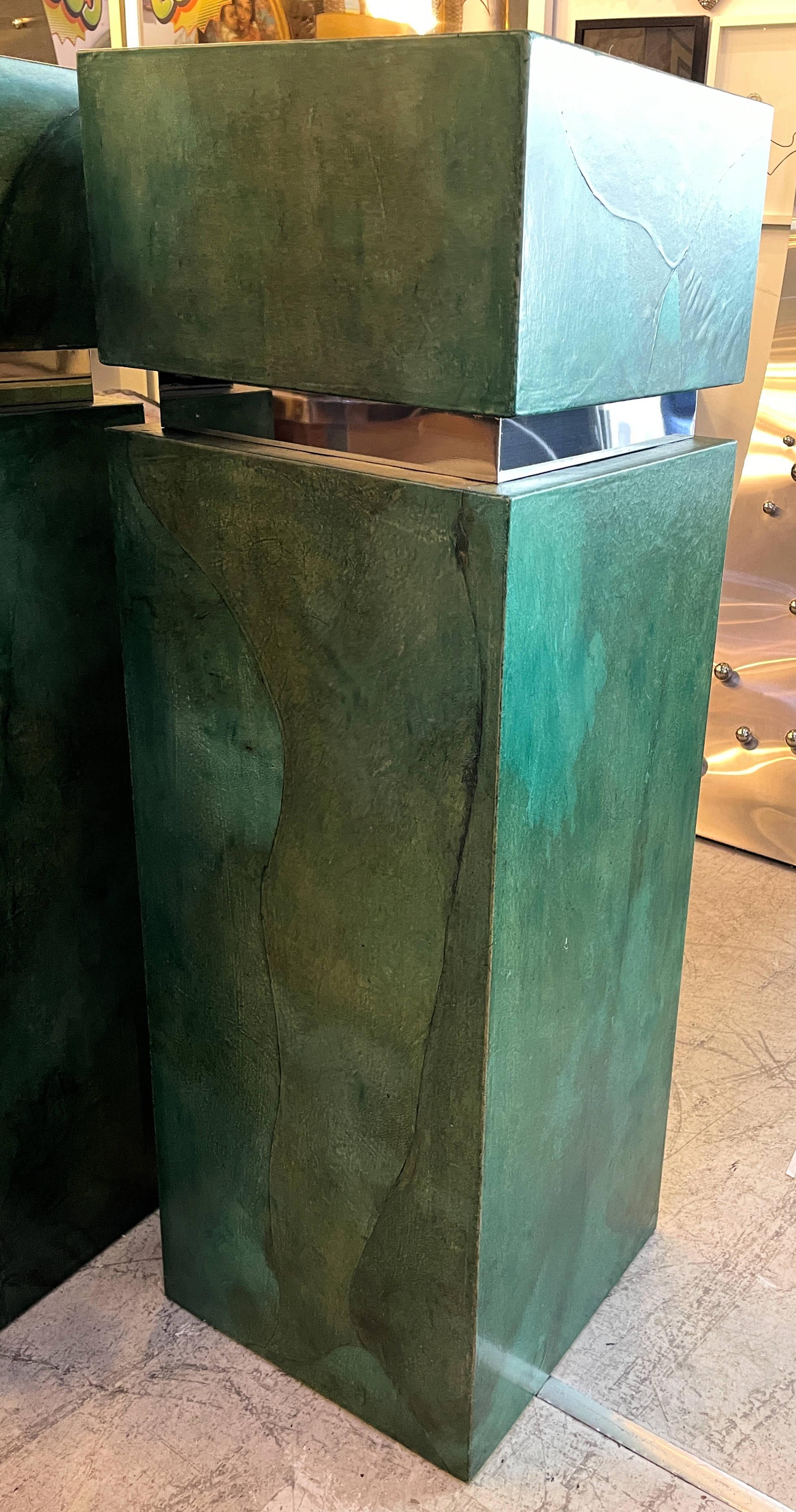 Pair of Mid-Century Modern Green Parchment Pedestals For Sale 2