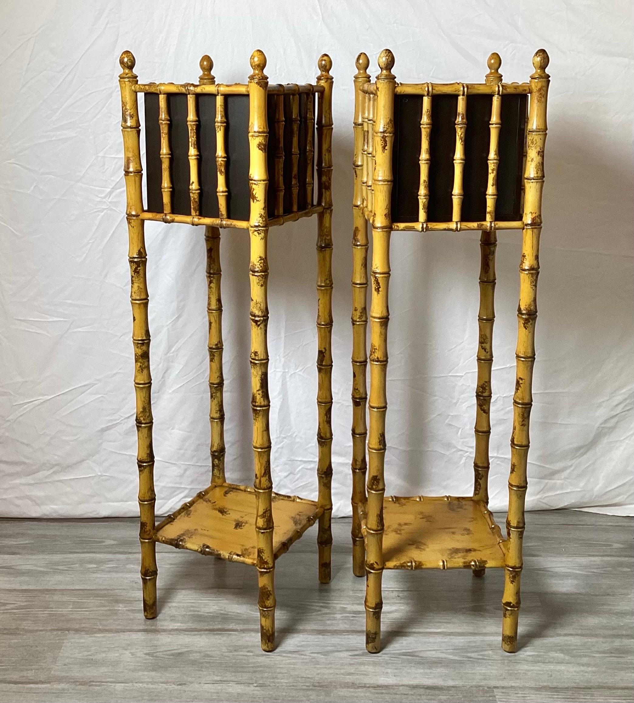 Hollywood Regency Pair of Mid-Century Modern Hand Painted Faux Bamboo Tall Planters