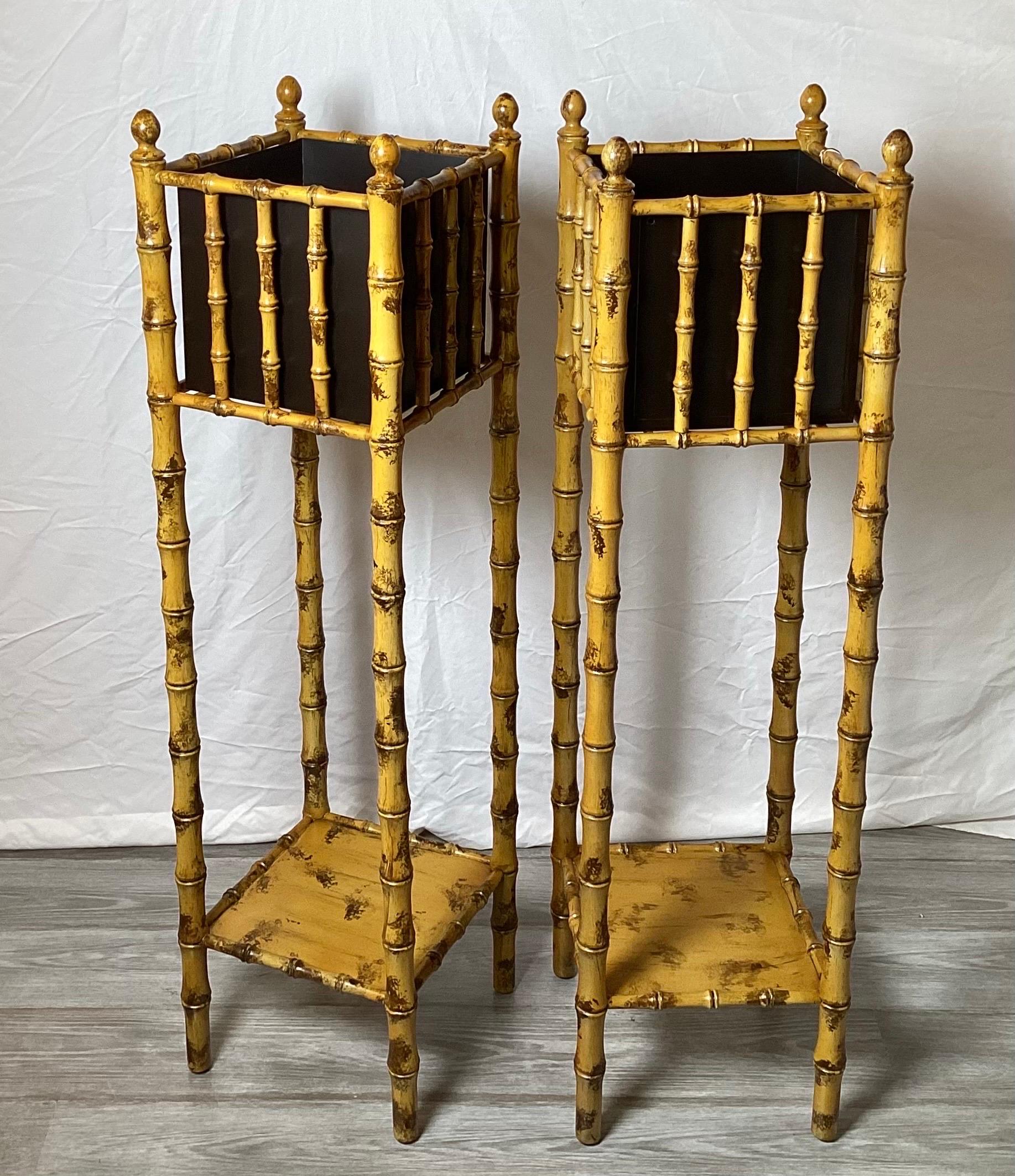 American Pair of Mid-Century Modern Hand Painted Faux Bamboo Tall Planters