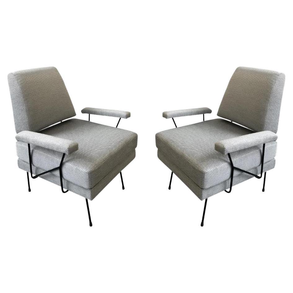 Pair of Mid Century Modern Iron Armchairs, Newly Upholstered