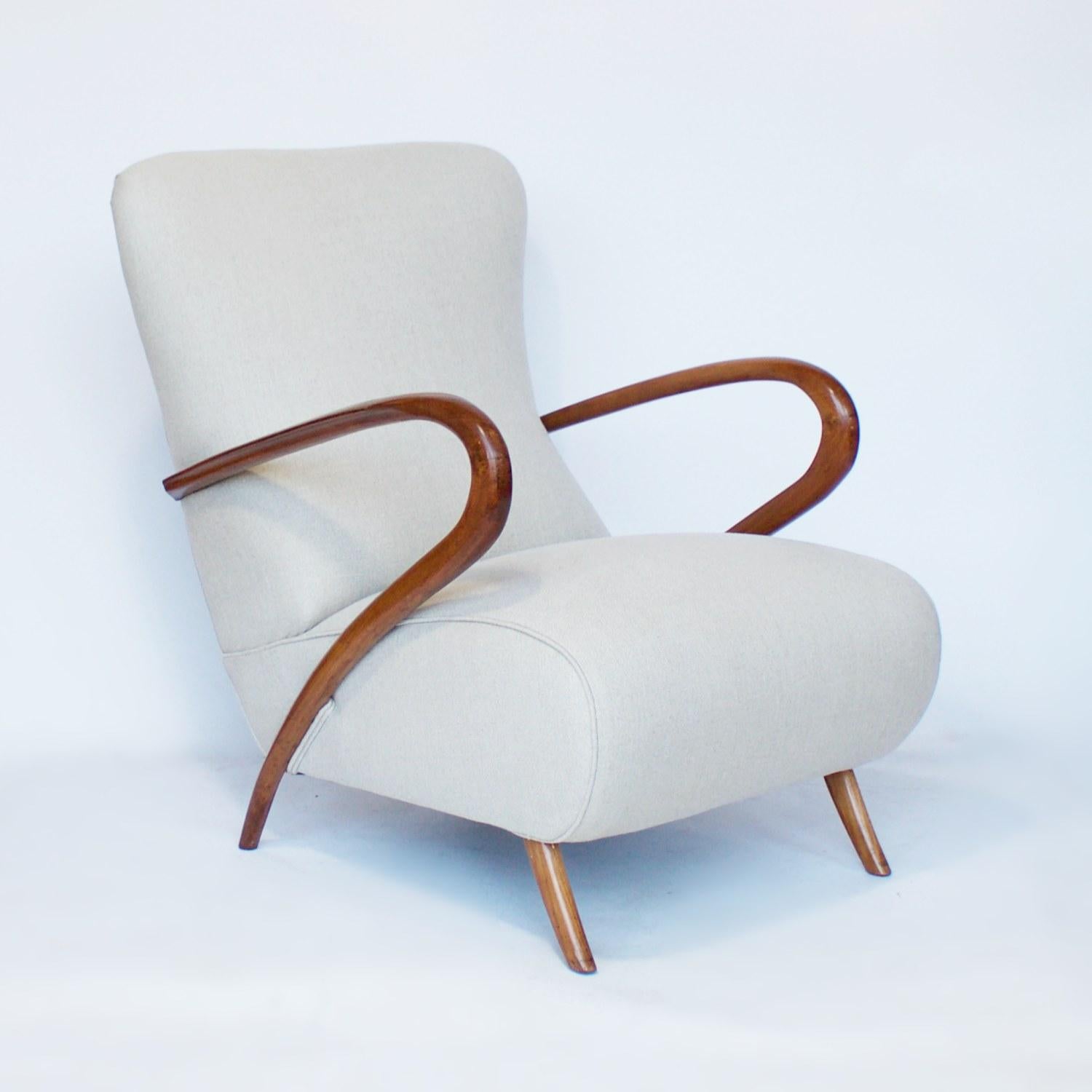 Art Deco Pair of Mid-Century Modern Italian Armchairs Solid Walnut and Linen