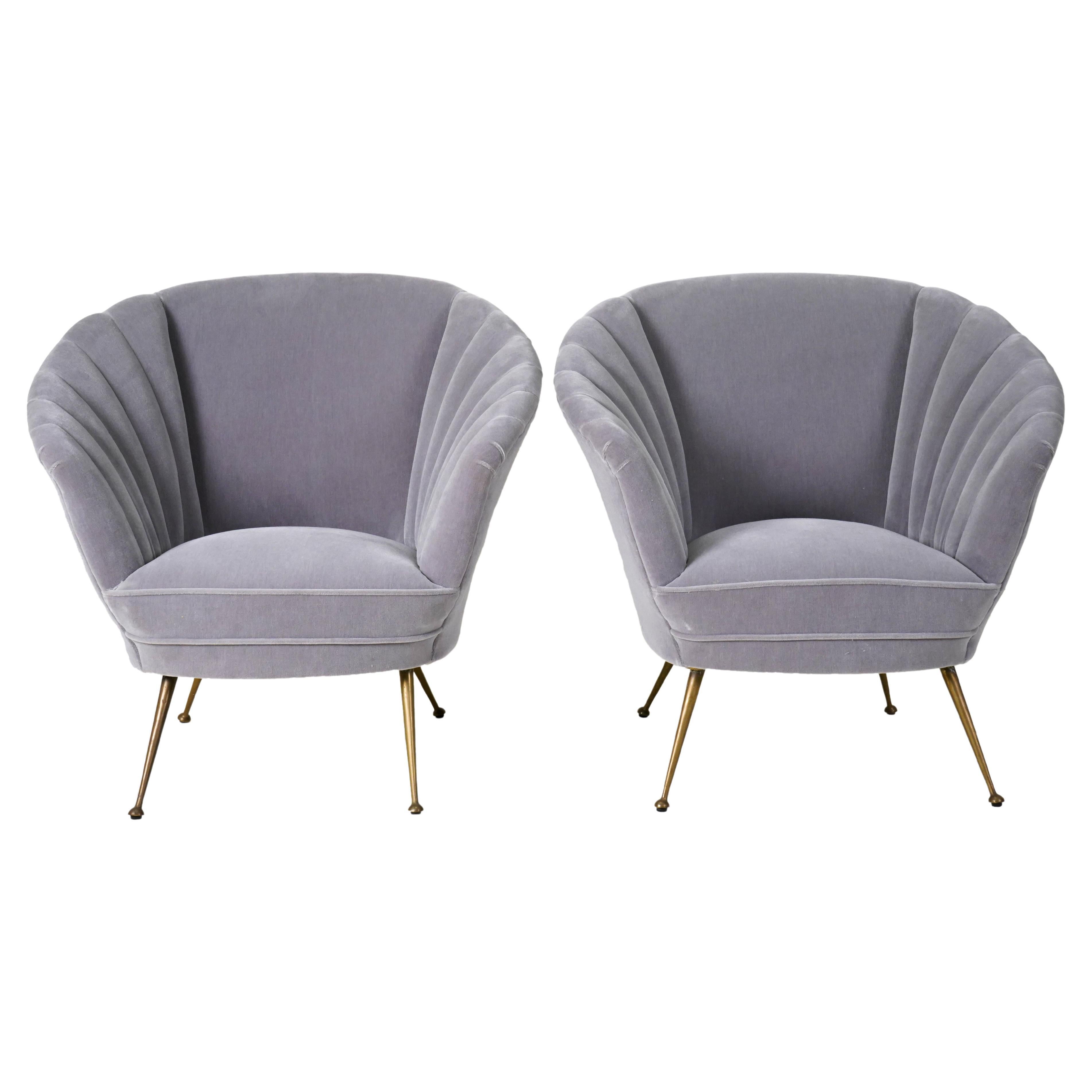 Pair of Mid-Century Modern Italian Club Chairs with Brass Legs