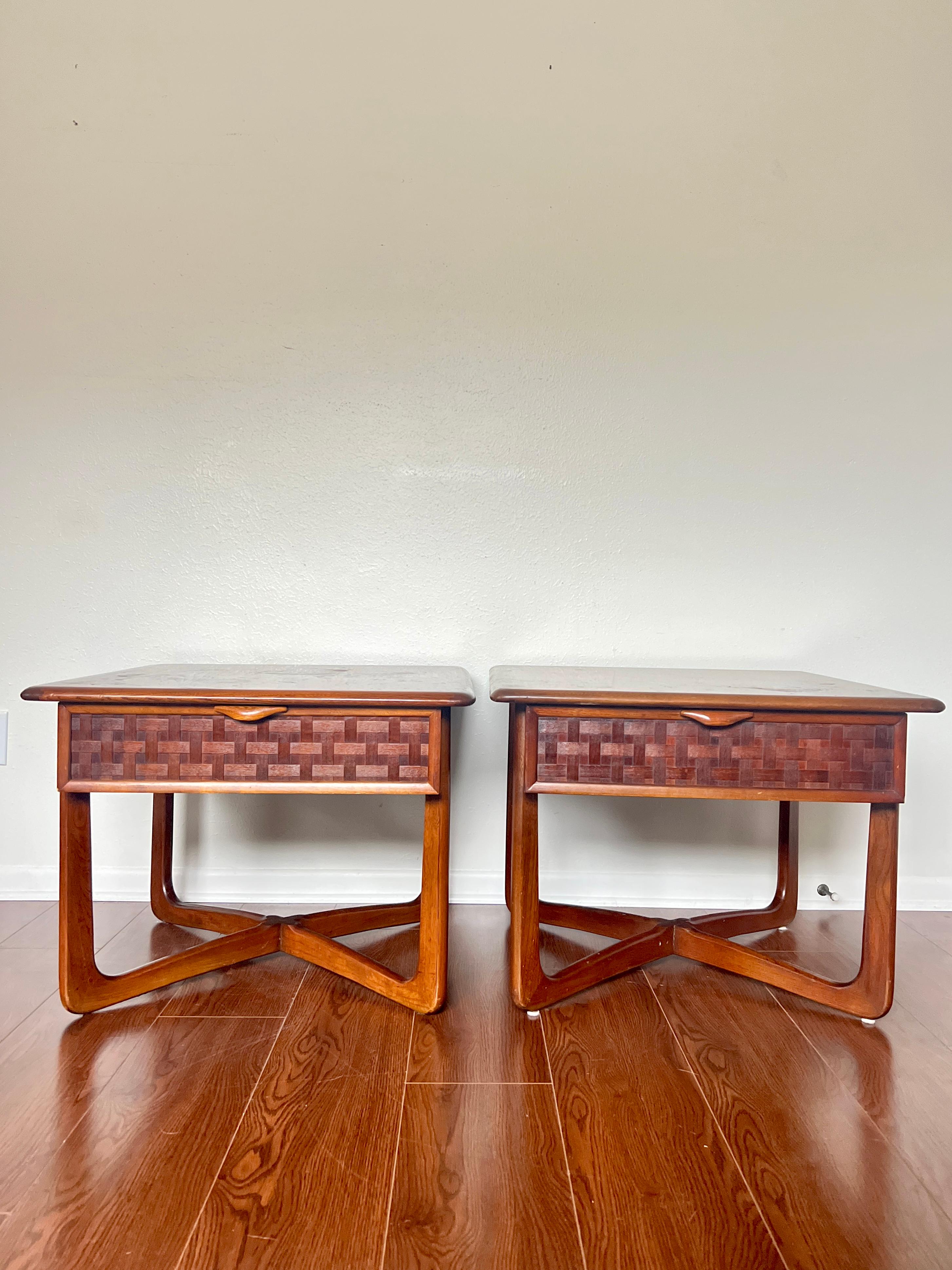 Mid-20th Century Pair of Mid-Century Modern Lane Perception Side Tables with a Cross Cross Base