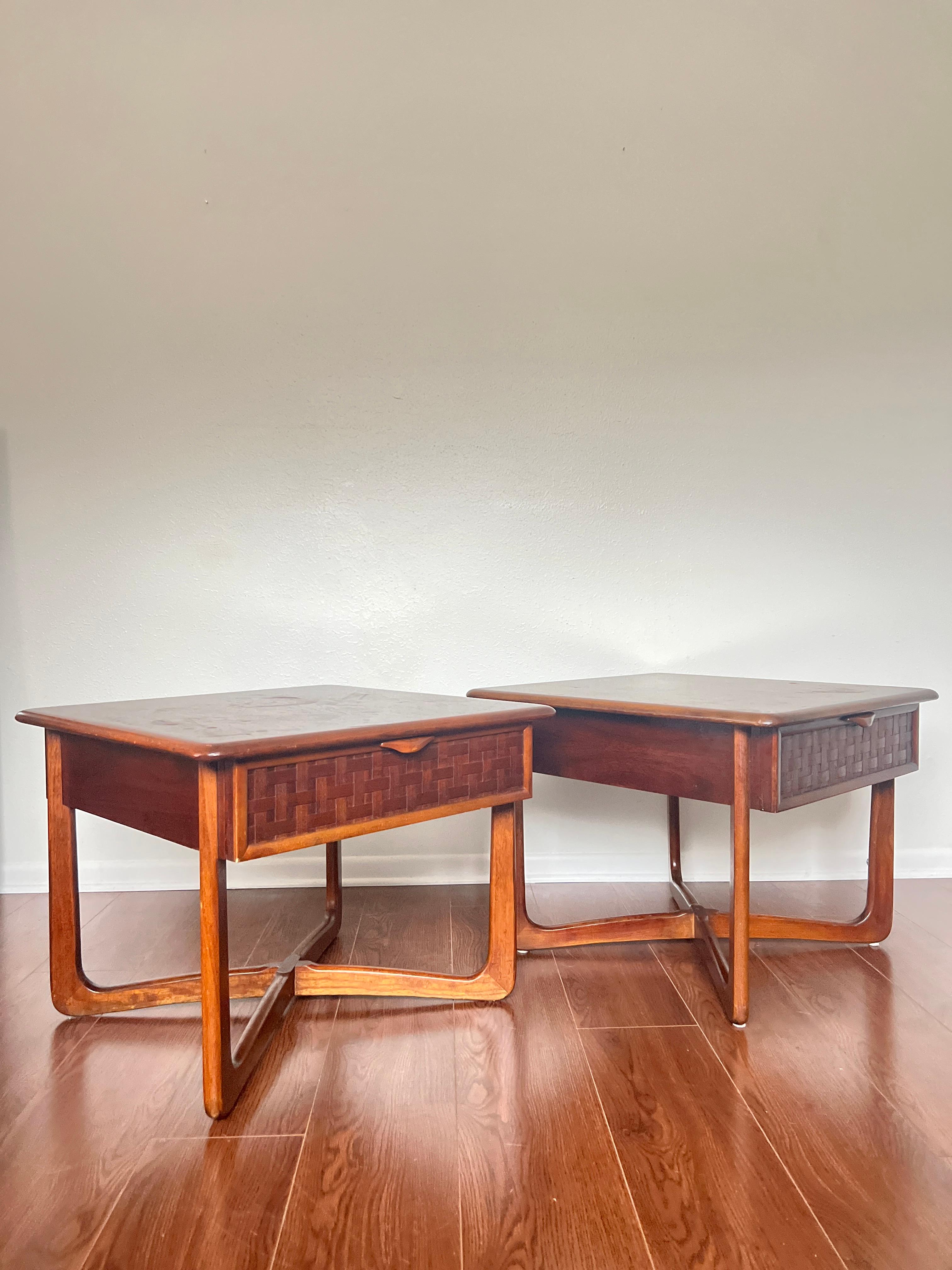 Wood Pair of Mid-Century Modern Lane Perception Side Tables with a Cross Cross Base