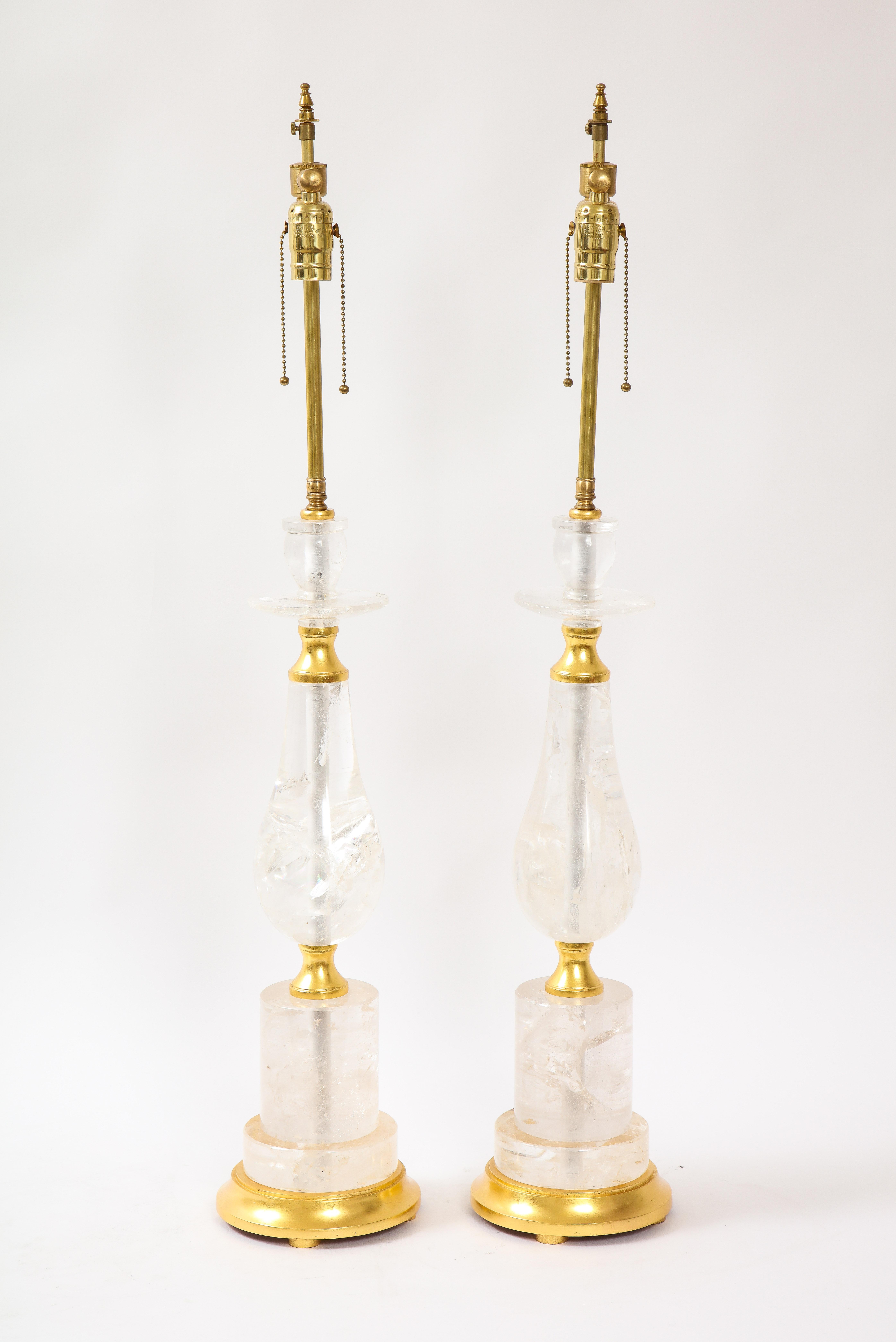 Louis XVI Pair of Mid-Century Modern Rock Crystal Quartz Mounted Lamps, Att. to 