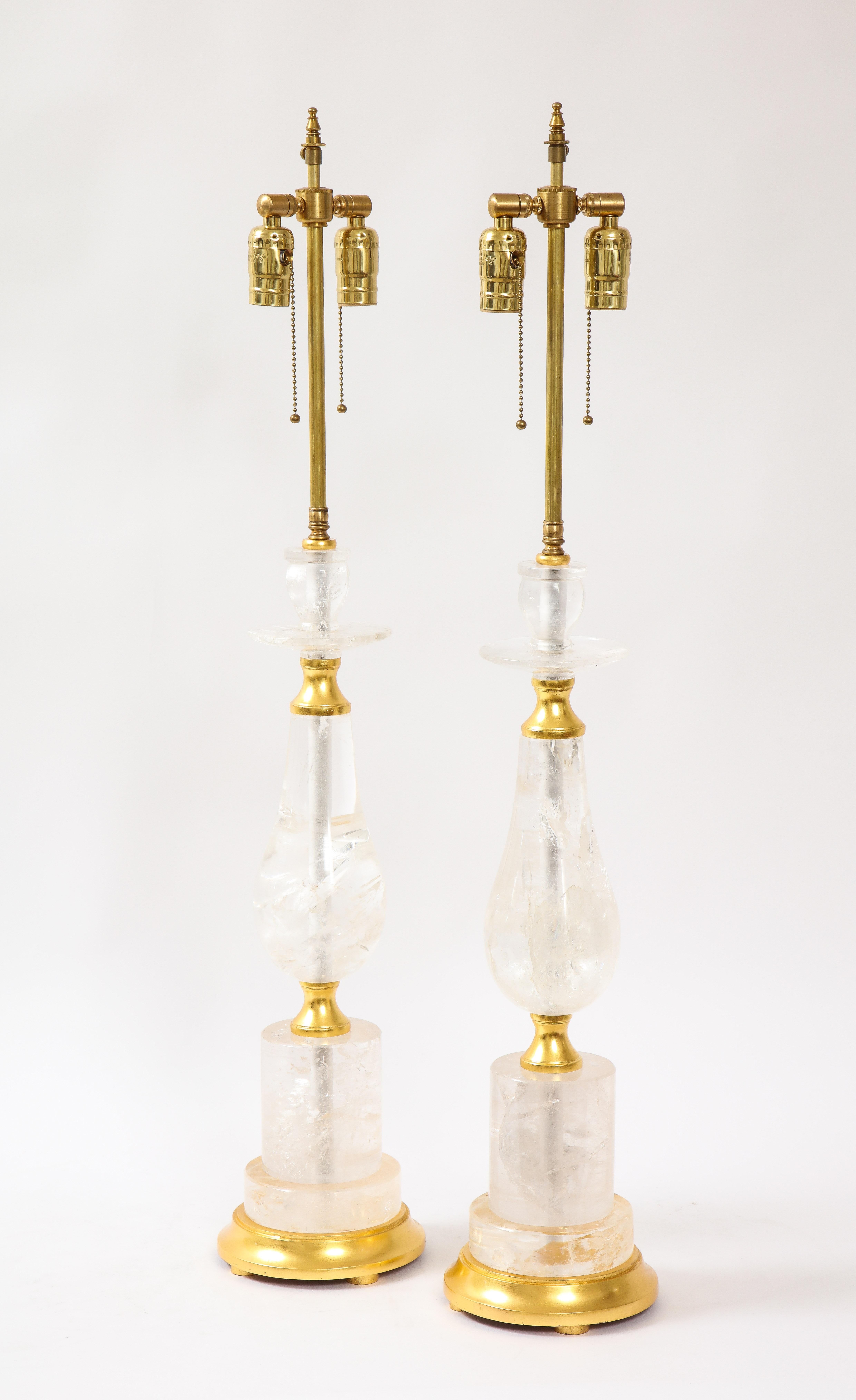 Hand-Carved Pair of Mid-Century Modern Rock Crystal Quartz Mounted Lamps, Att. to 