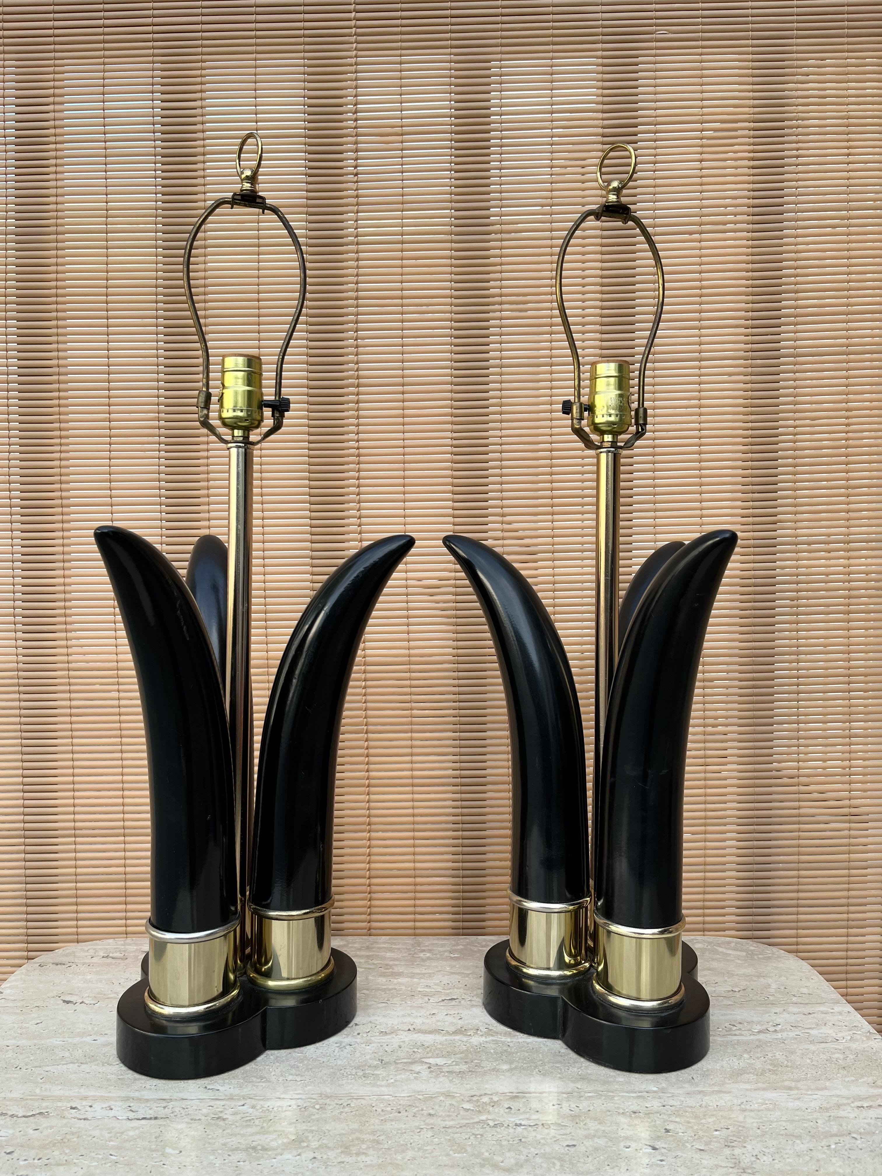 American Pair of Mid-Century Modern Sculptural Black and Brass Table Lamps For Sale