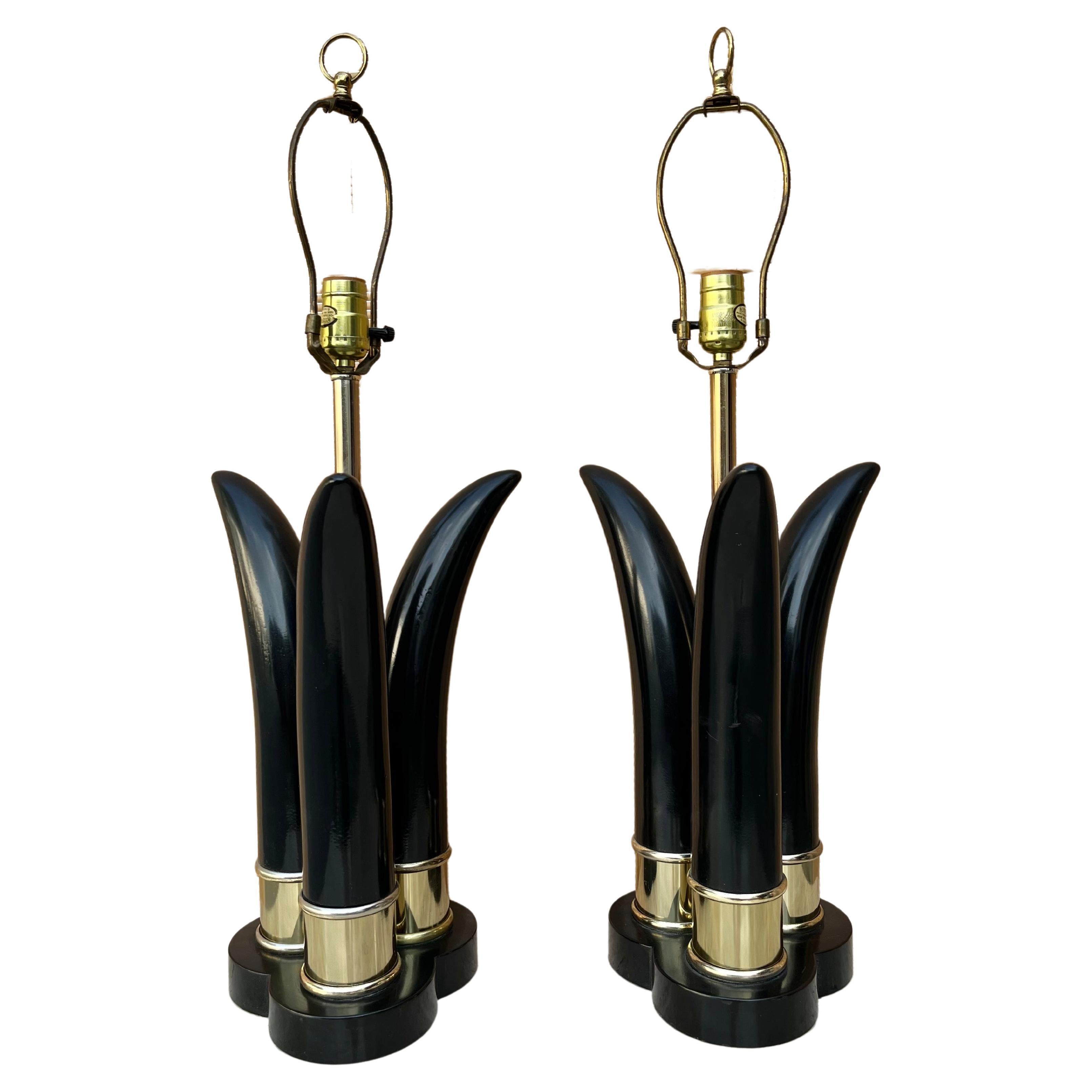 Pair of Mid-Century Modern Sculptural Black and Brass Table Lamps For Sale