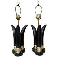 Pair of Mid-Century Modern Sculptural Black and Brass Table Lamps