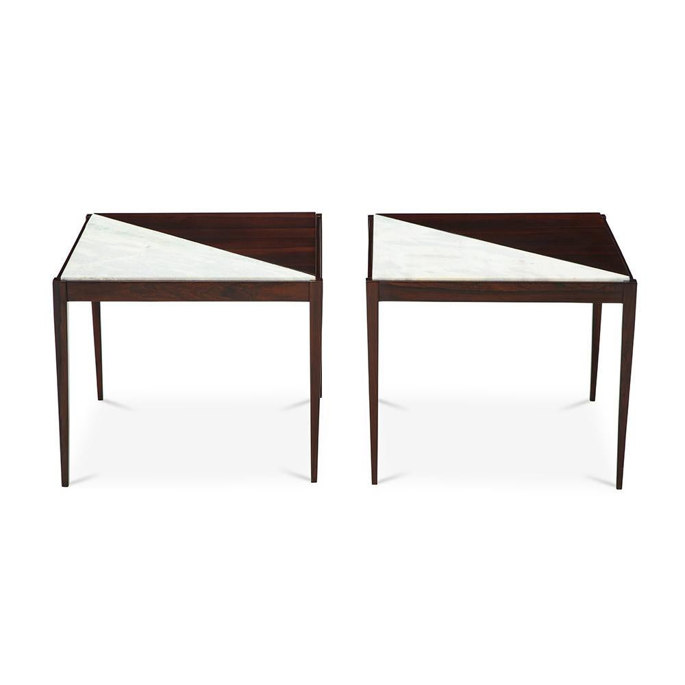 American Pair of Mid-Century Modern Side Tables with Marble Inserts, circa 1950
