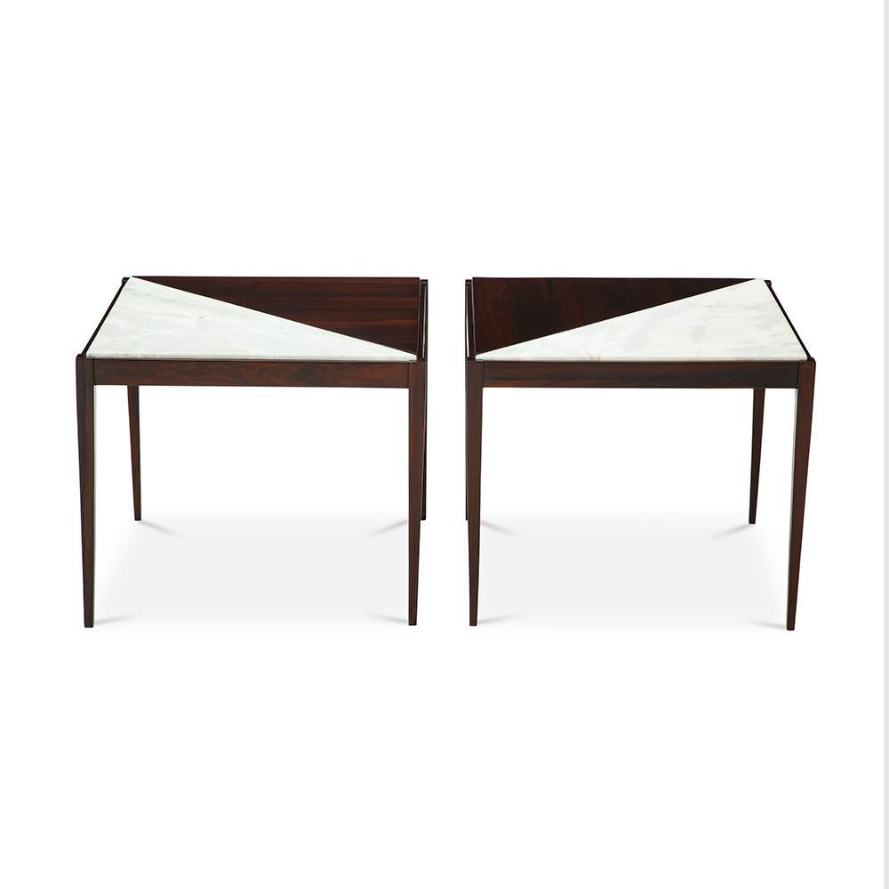Pair of Mid-Century Modern Side Tables with Marble Inserts, circa 1950 In Good Condition In Philadelphia, PA