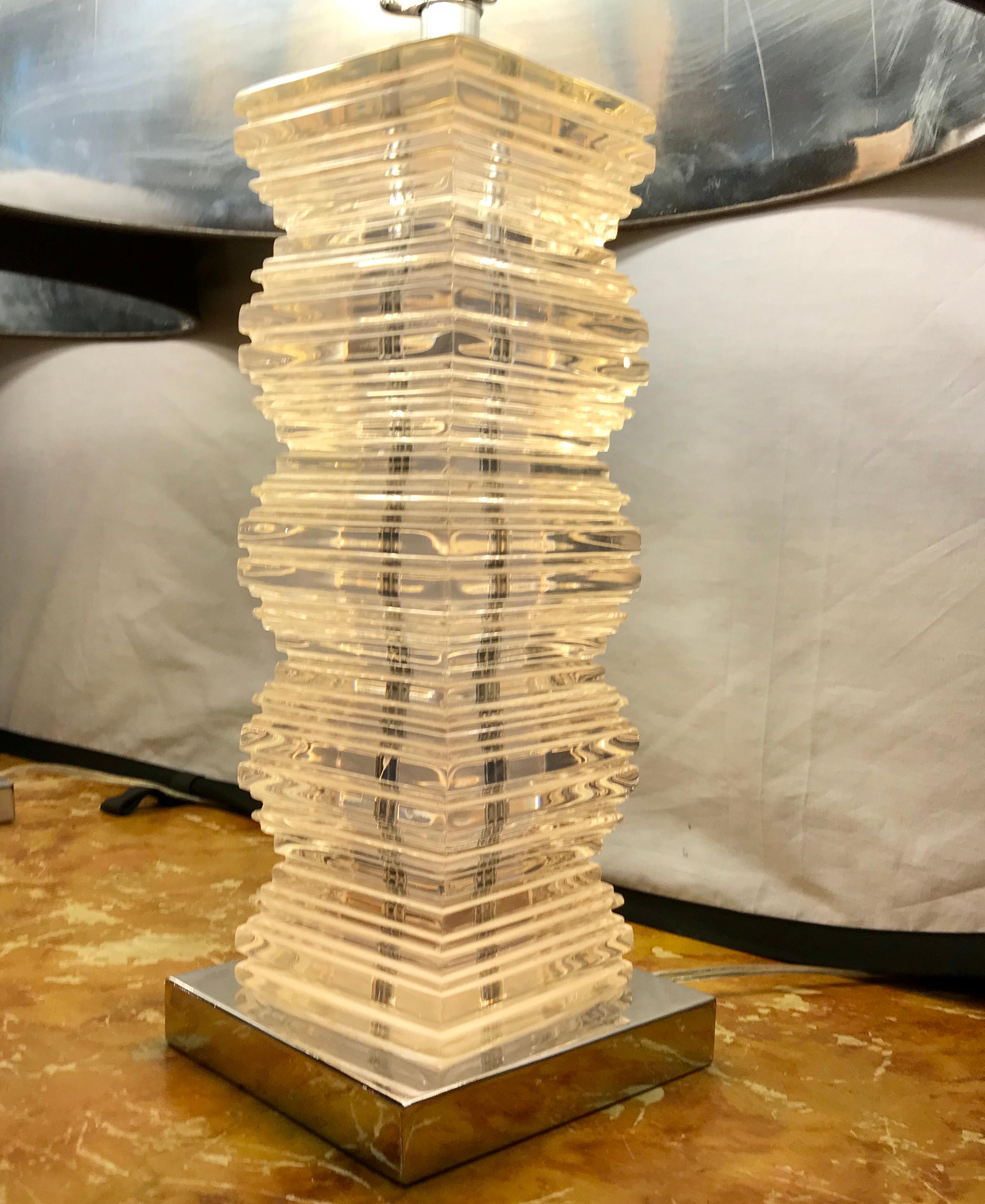 Chrome Pair of Mid-Century Modern Stacked Lucite Table Lamps