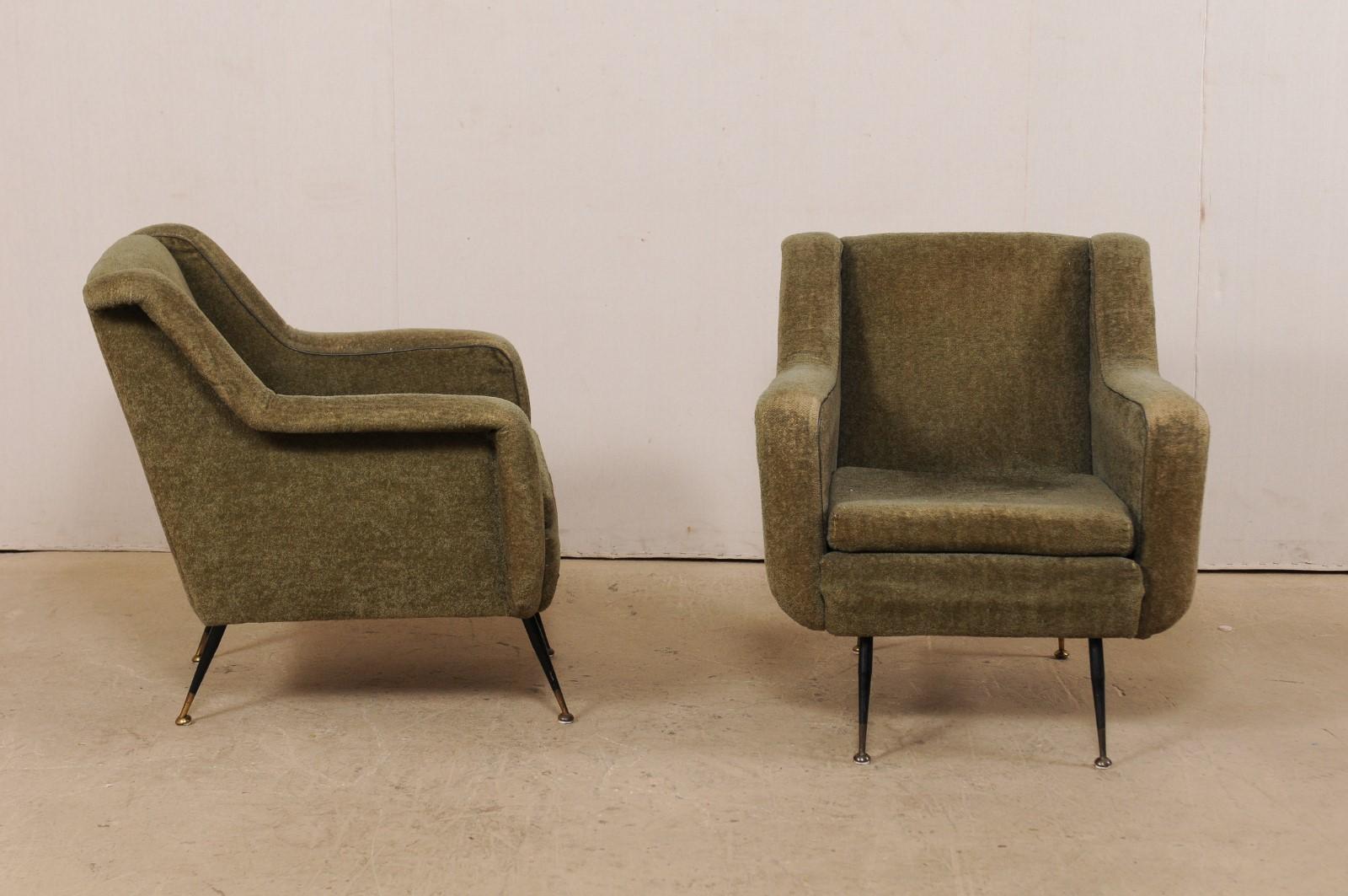 20th Century Pair of Mid-Century Modern Upholstered Club Chairs from Italy with Iron Legs
